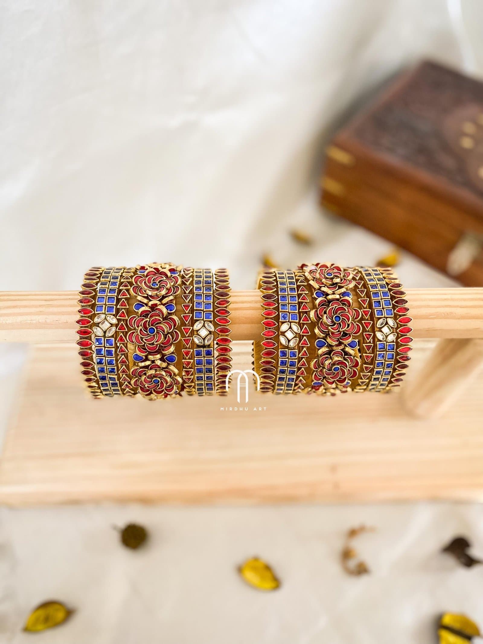 Kundan Bangles – Red and Royal Blue Combination 3D Bangles from Bangle by Choice