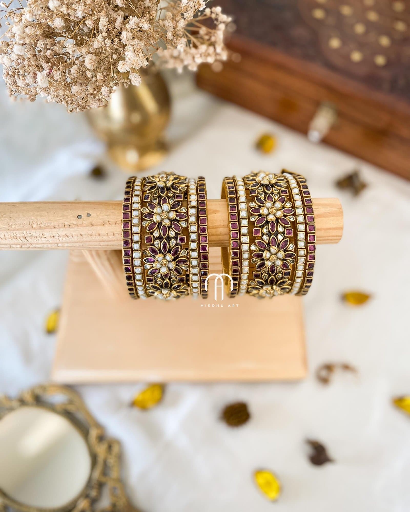 Kundan Bangles – White Pearl and Wine combination Bangles from Bangle by Choice