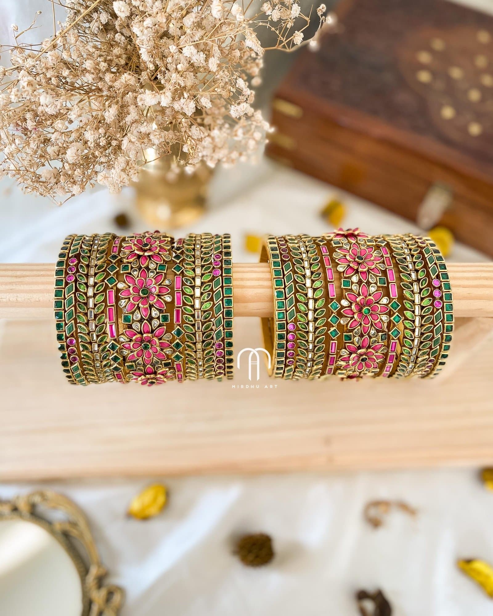 Kundan Bangles – Rani Pink & Green 3D flower combination Bangles from Bangle by Choice