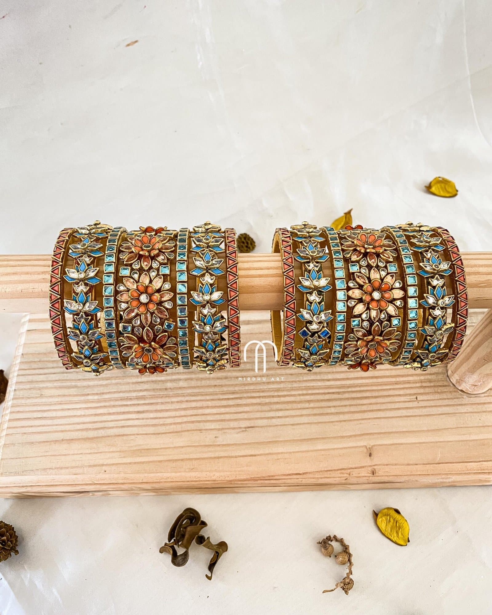Kundan Bangles – Peach & Sky blue 3D flower combination Bangles from Bangle by Choice