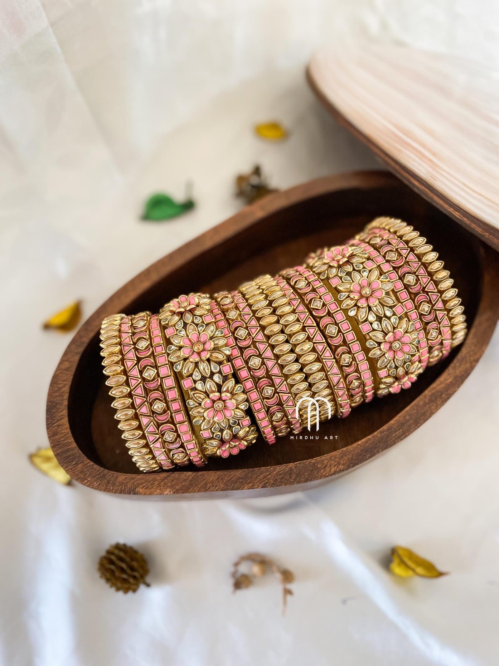 Kundan Bangles – Baby Pink & Golden combination 3D Flower Bangles from Bangle by Choice