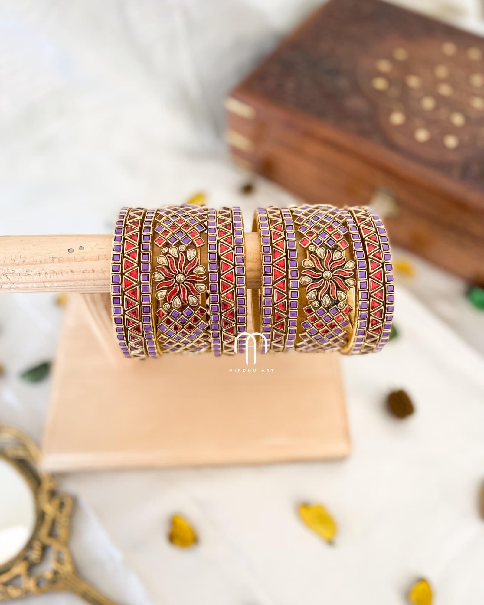 Kundan Bangles – Lilac & Red combination (V-Shape) Bangles from Bangle by Choice