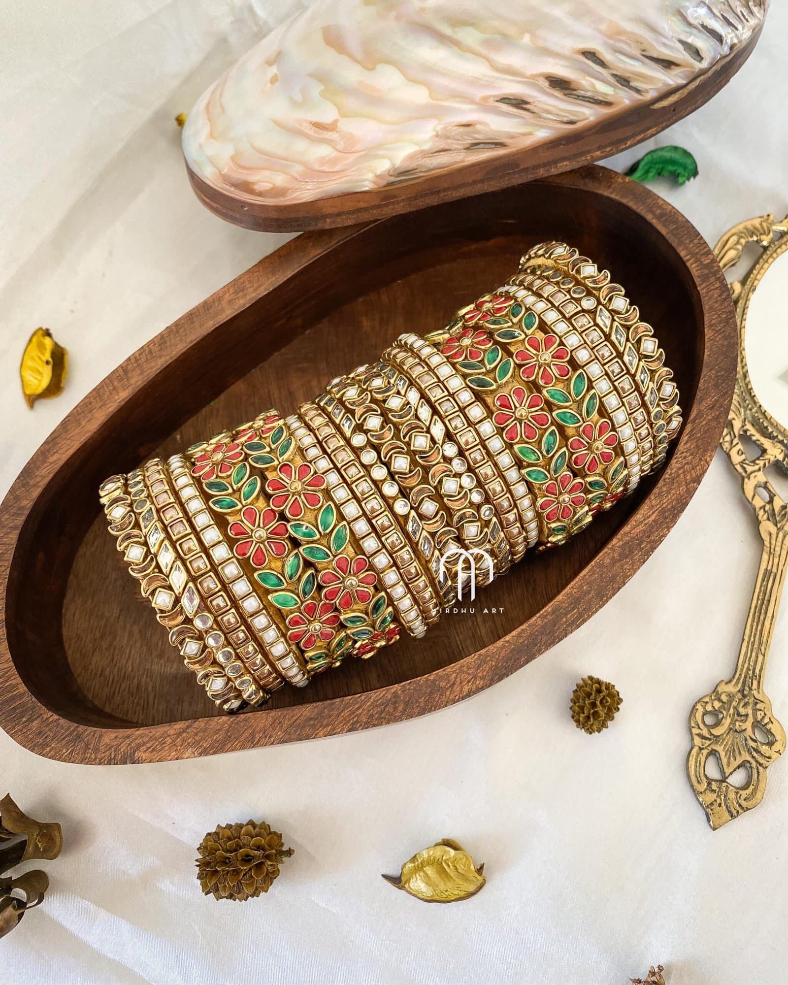 Kundan Bangles – Golden & White Pearl with Red and Green kada Bangles from Bangle by Choice