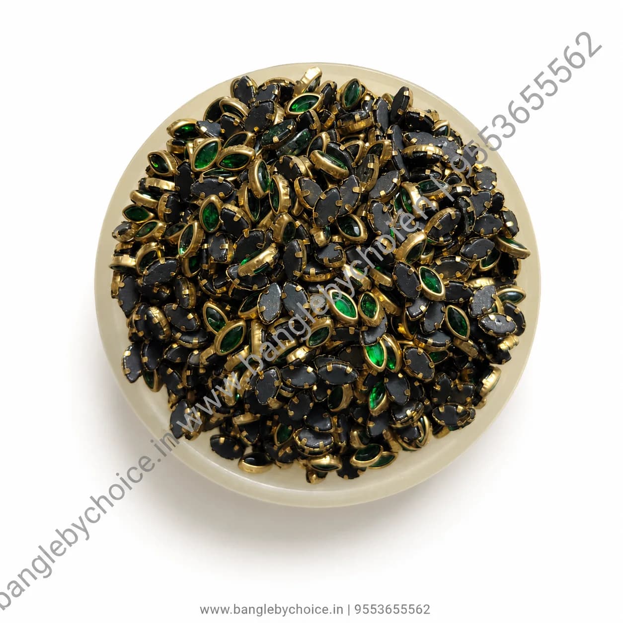 6K Eye Shape Dark Green Glossy Kundans for bangle making, jewellery making, blouse work and DIY craft projects