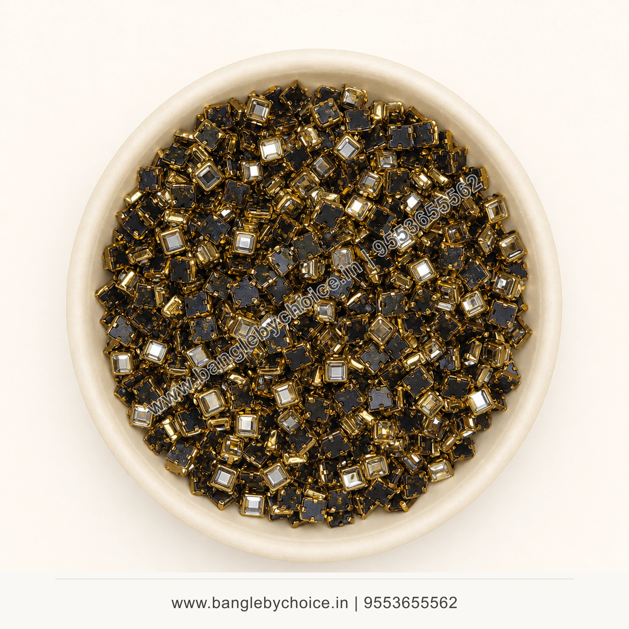 3x3 Square Glossy White Kundans premium top-view product image with antique-gold setting