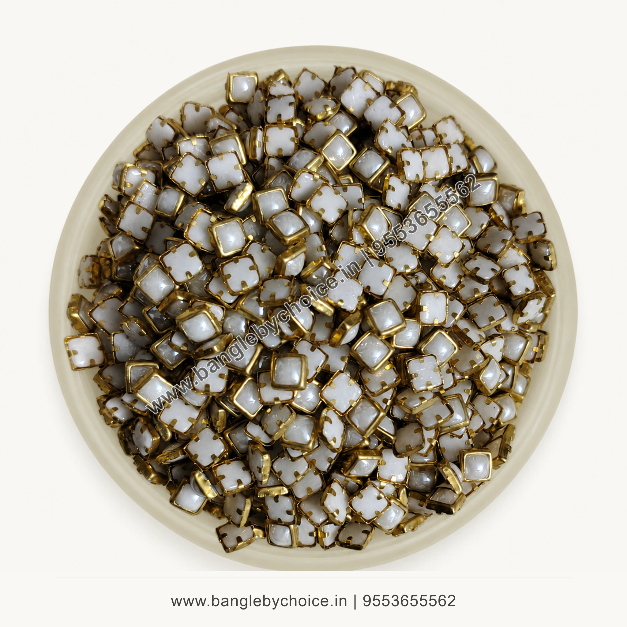 4x4 Square Ceramic White Kundans premium top-view product image with antique-gold setting