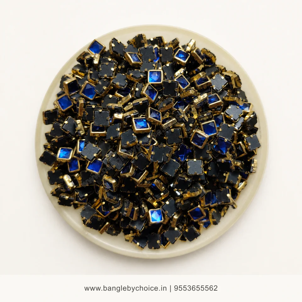 4x4 Square Dark Blue Glossy Kundans premium top-view product image with antique-gold setting