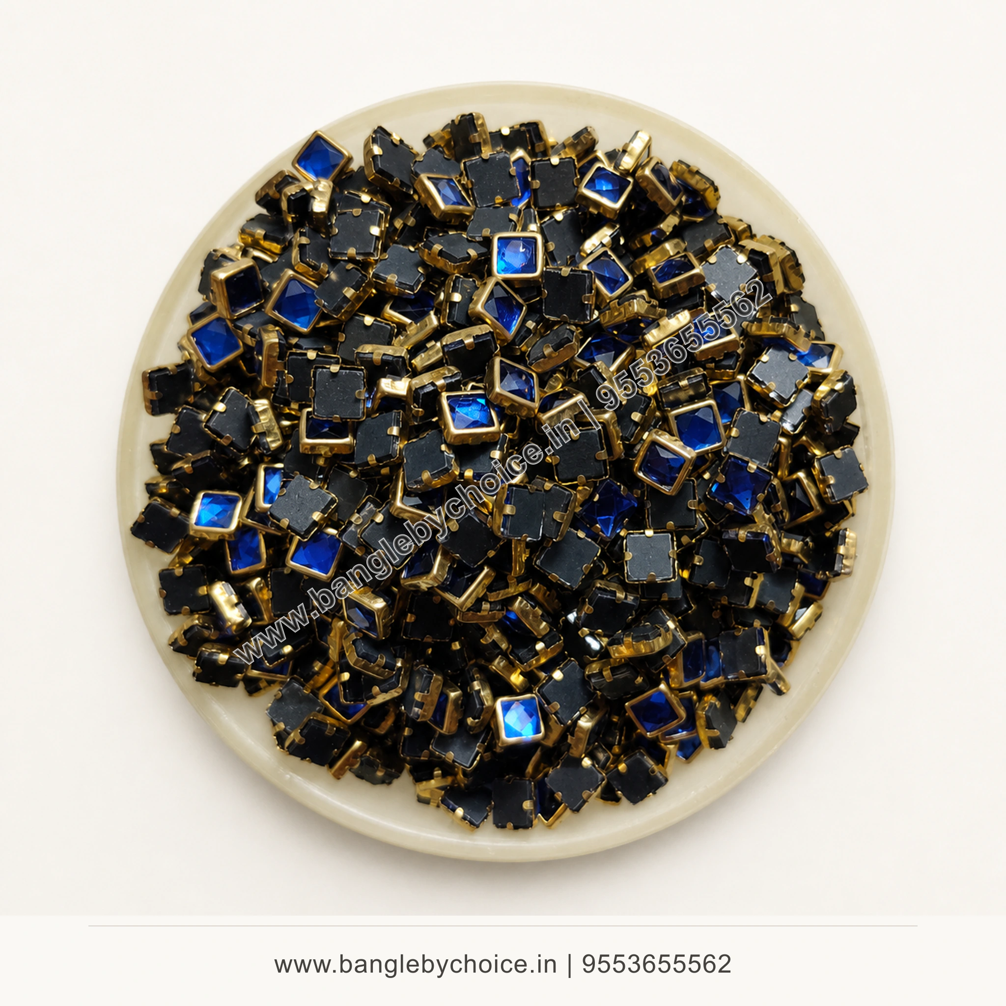 4x4 Square Dark Blue Glossy Kundans premium top-view product image with antique-gold setting