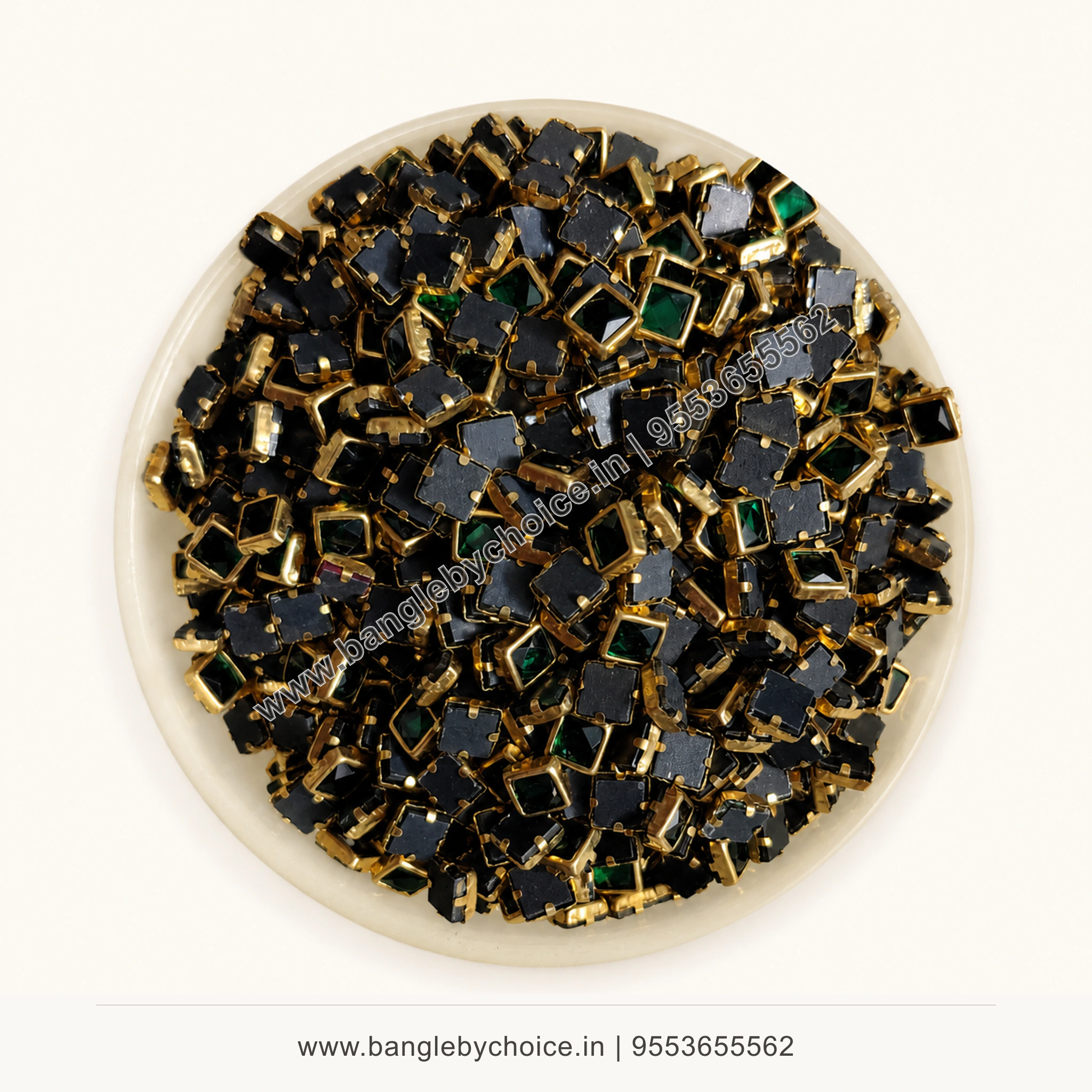4x4 Square Dark Green Glossy Kundans premium top-view product image with antique-gold setting