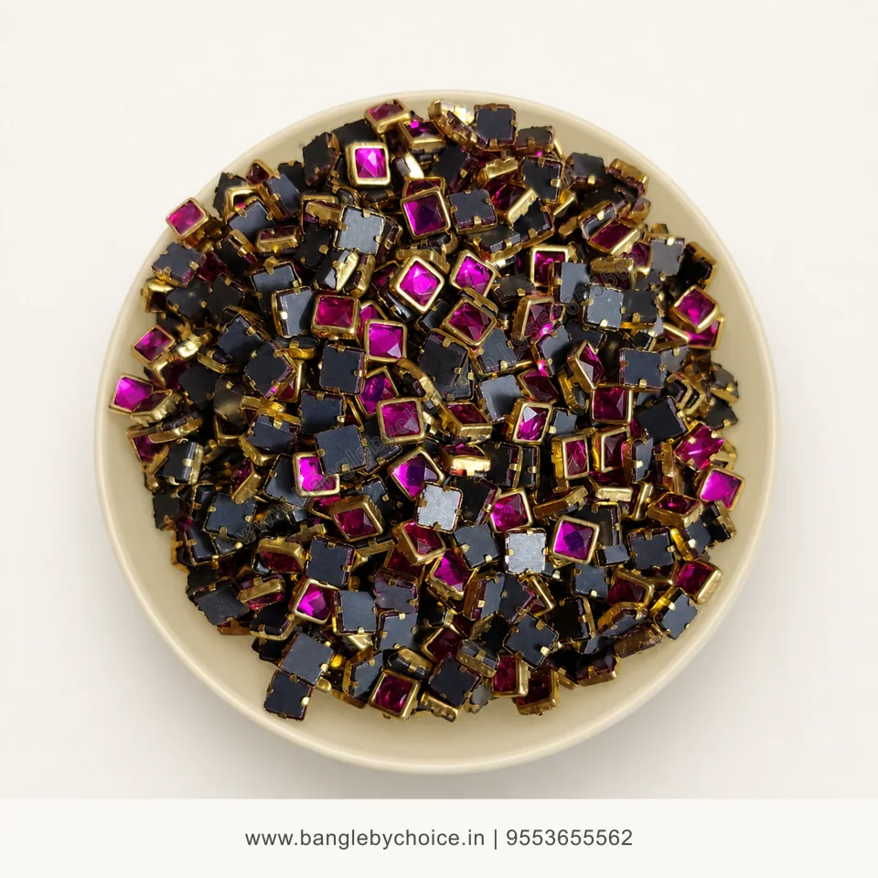 4x4 Square Dark Pink Glossy Kundans premium top-view product image with antique-gold setting
