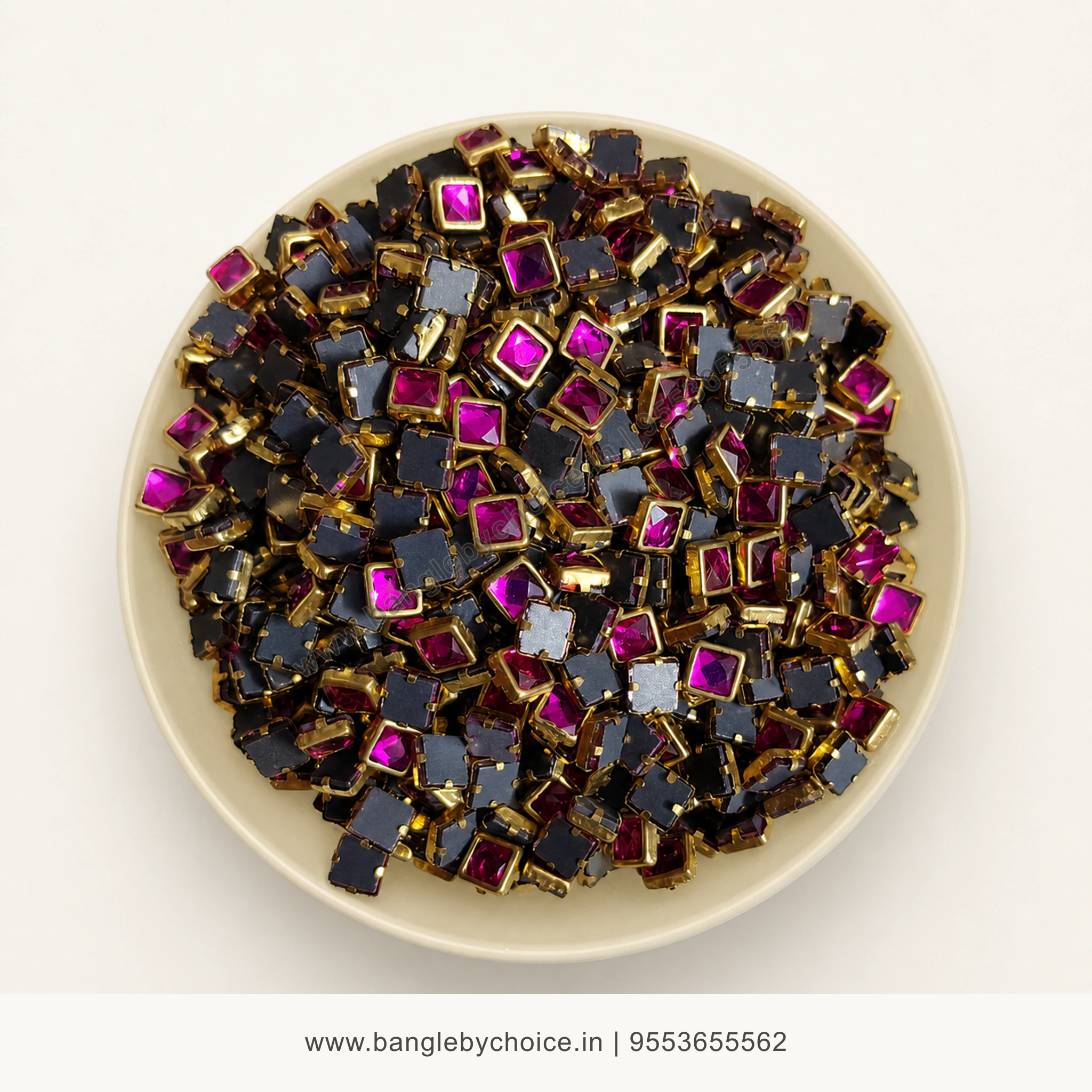 4x4 Square Dark Pink Glossy Kundans premium top-view product image with antique-gold setting