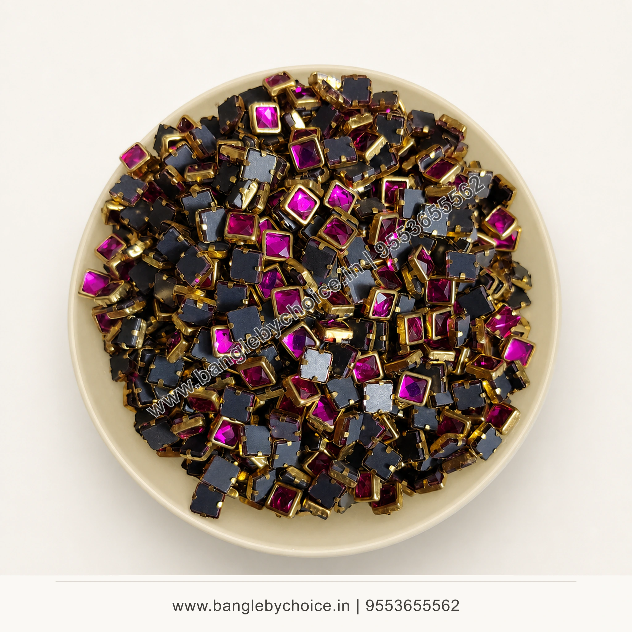 4x4 Square Dark Pink Glossy Kundans premium top-view product image with antique-gold setting