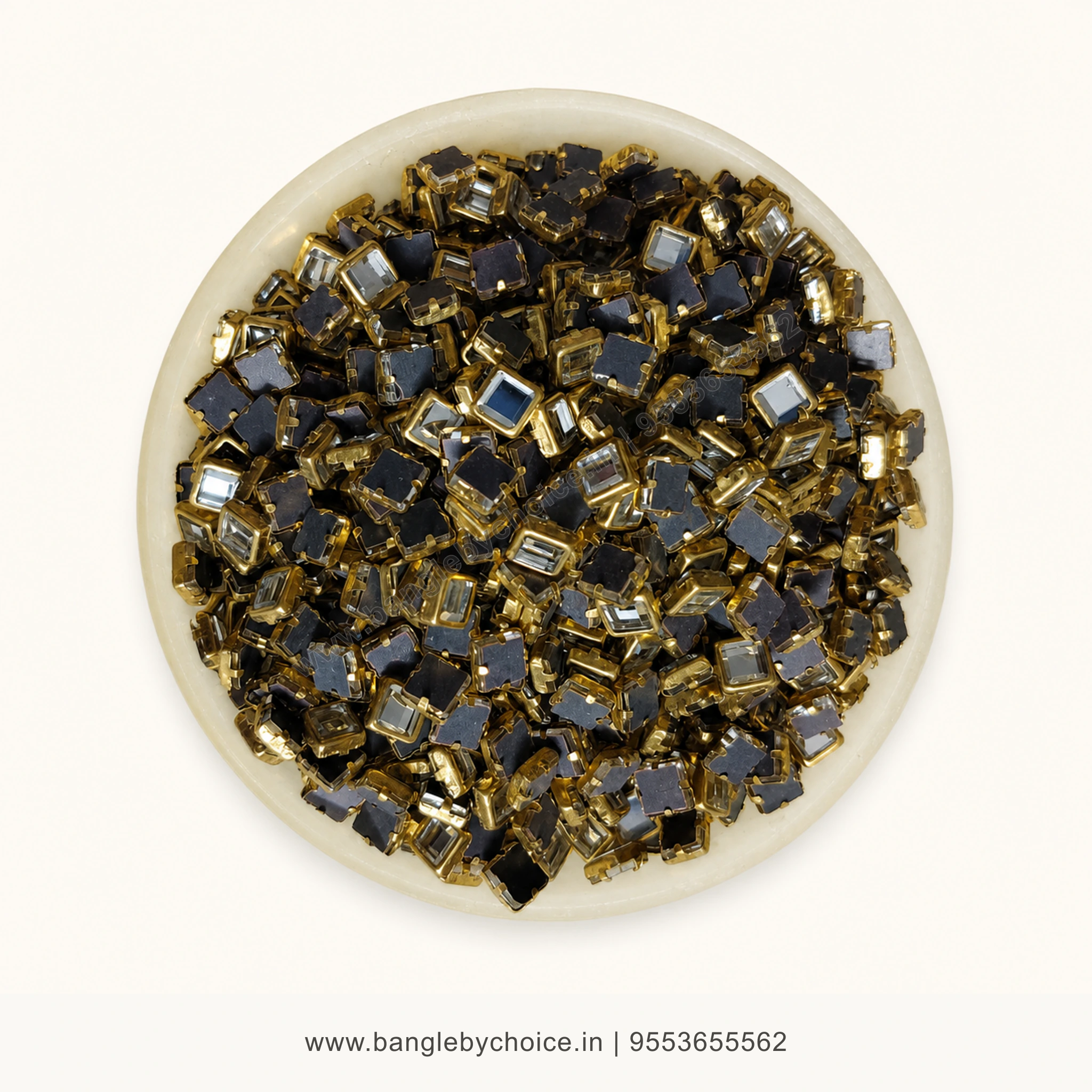 4x4 Square Glossy White Kundans premium top-view product image with antique-gold setting