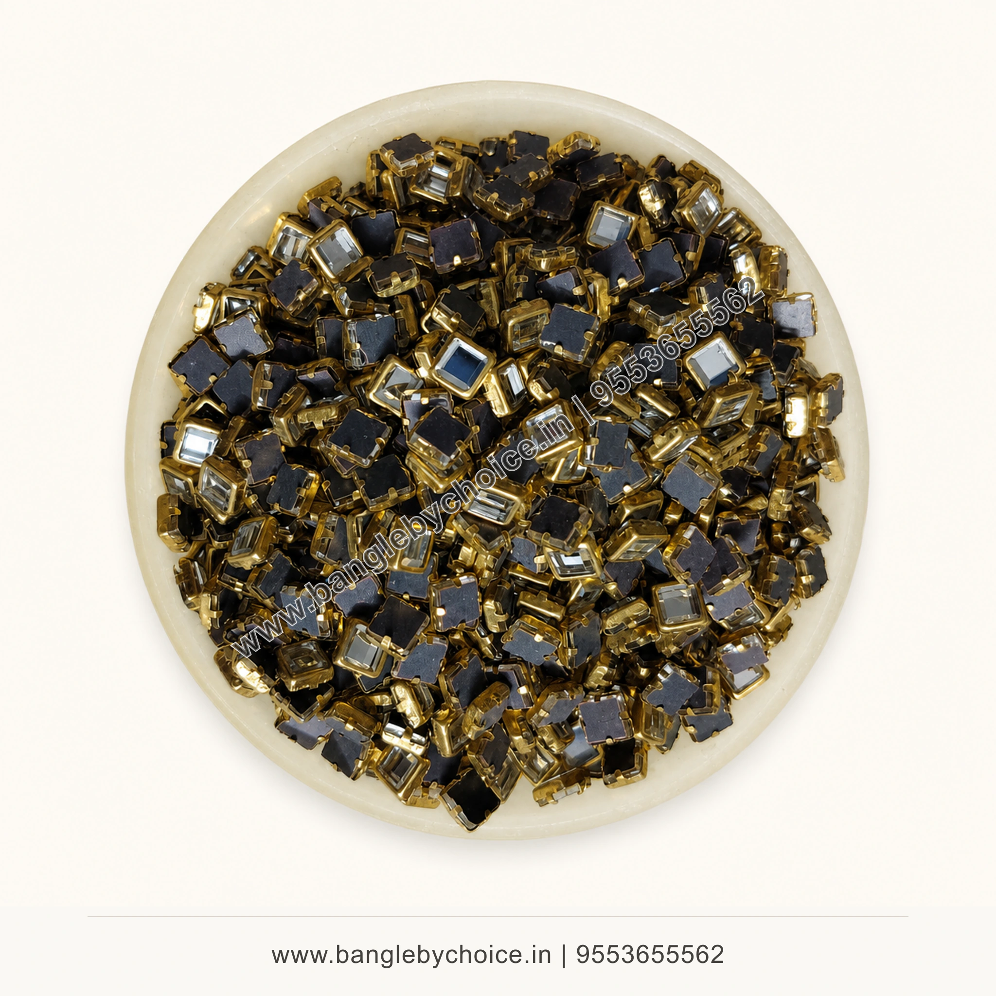 4x4 Square Glossy White Kundans premium top-view product image with antique-gold setting