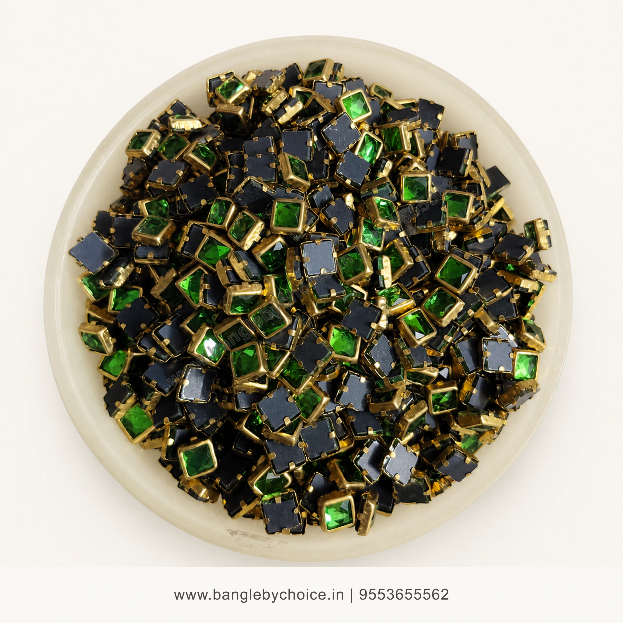 4x4 Square Light Green Glossy Kundans premium top-view product image with antique-gold setting