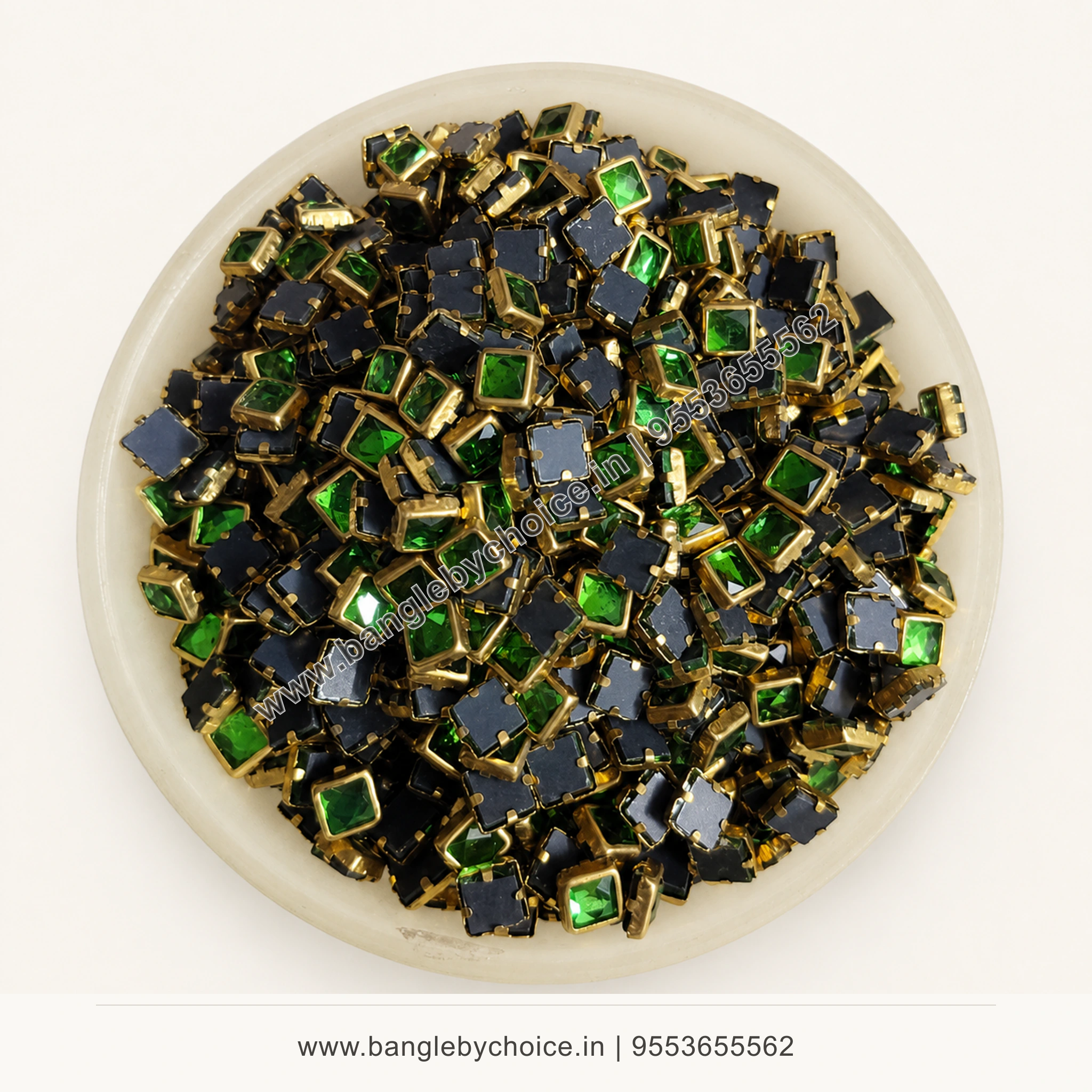4x4 Square Light Green Glossy Kundans premium top-view product image with antique-gold setting