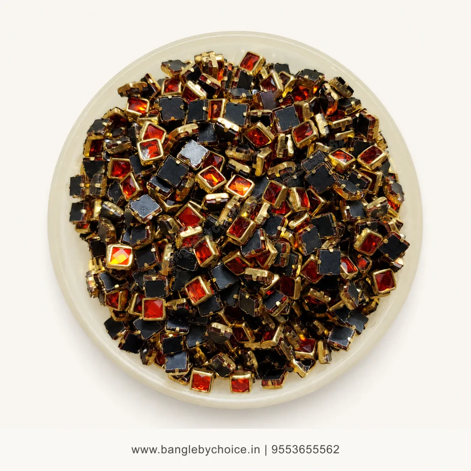 4x4 Square Orange Glossy Kundans premium top-view product image with antique-gold setting