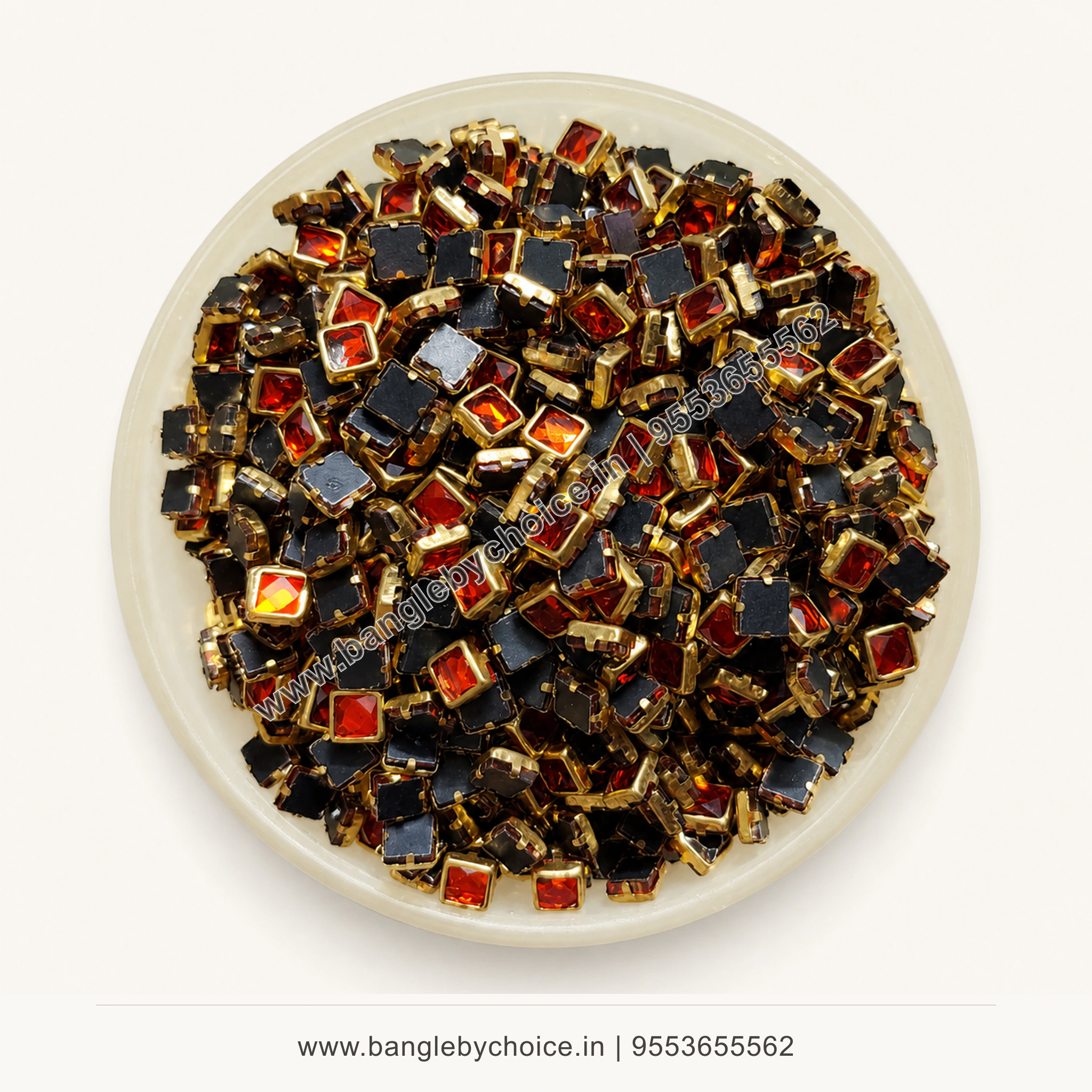 4x4 Square Orange Glossy Kundans premium top-view product image with antique-gold setting