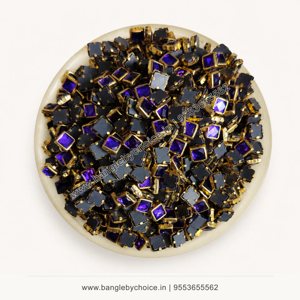 4x4 Square Purple Glossy Kundans premium top-view product image with antique-gold setting