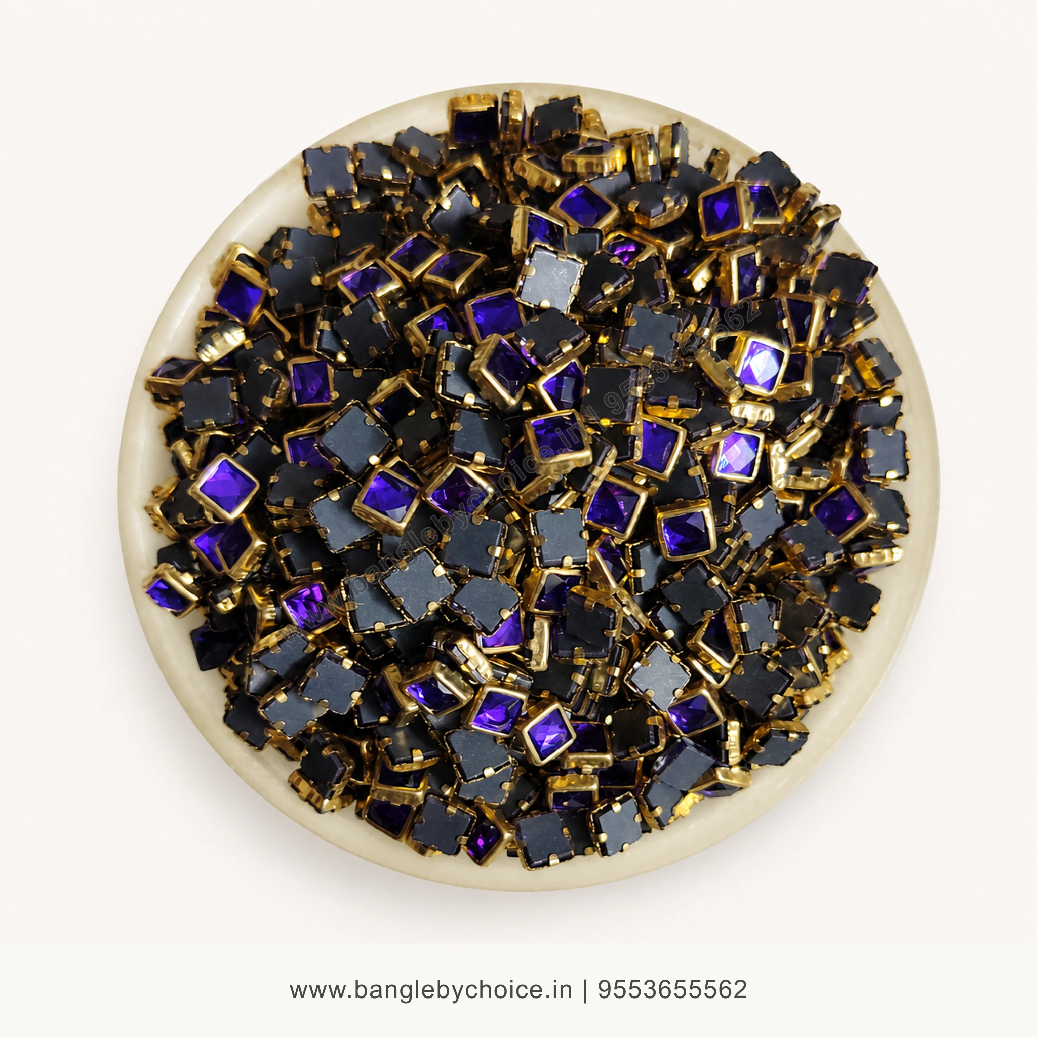 4x4 Square Purple Glossy Kundans premium top-view product image with antique-gold setting