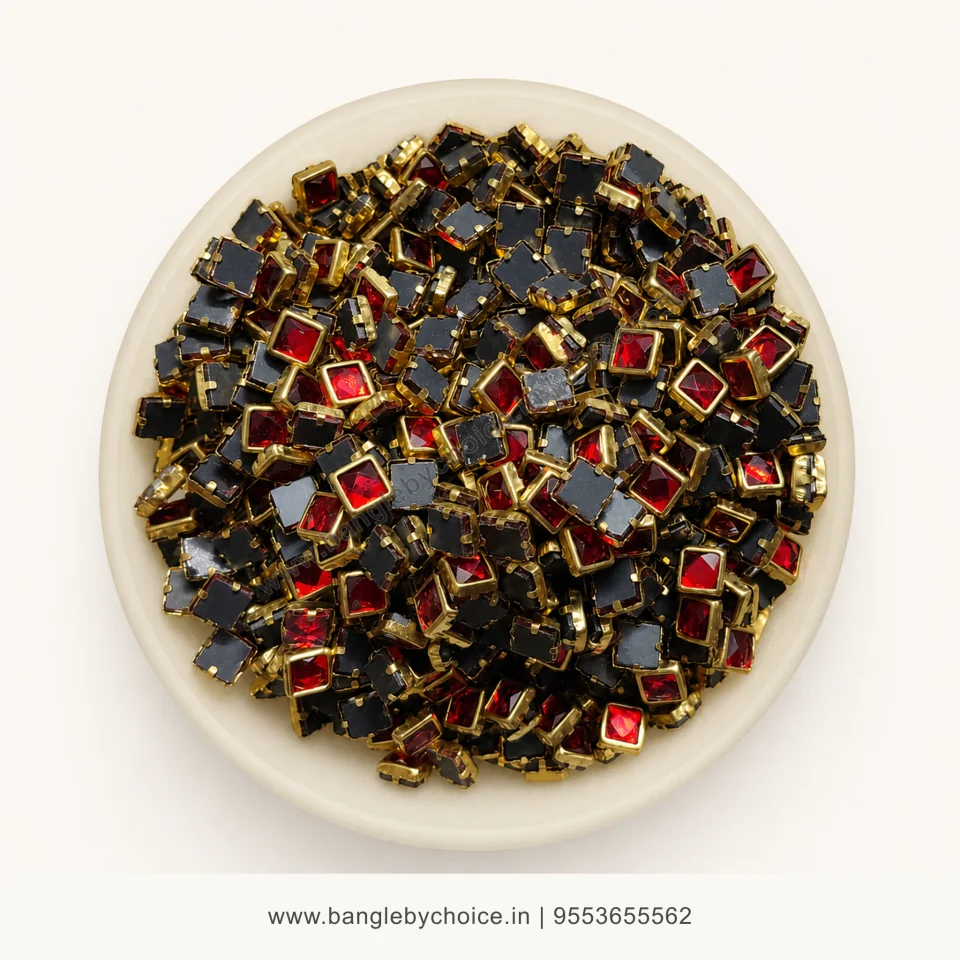 4x4 Square Red Glossy Kundans premium top-view product image with antique-gold setting