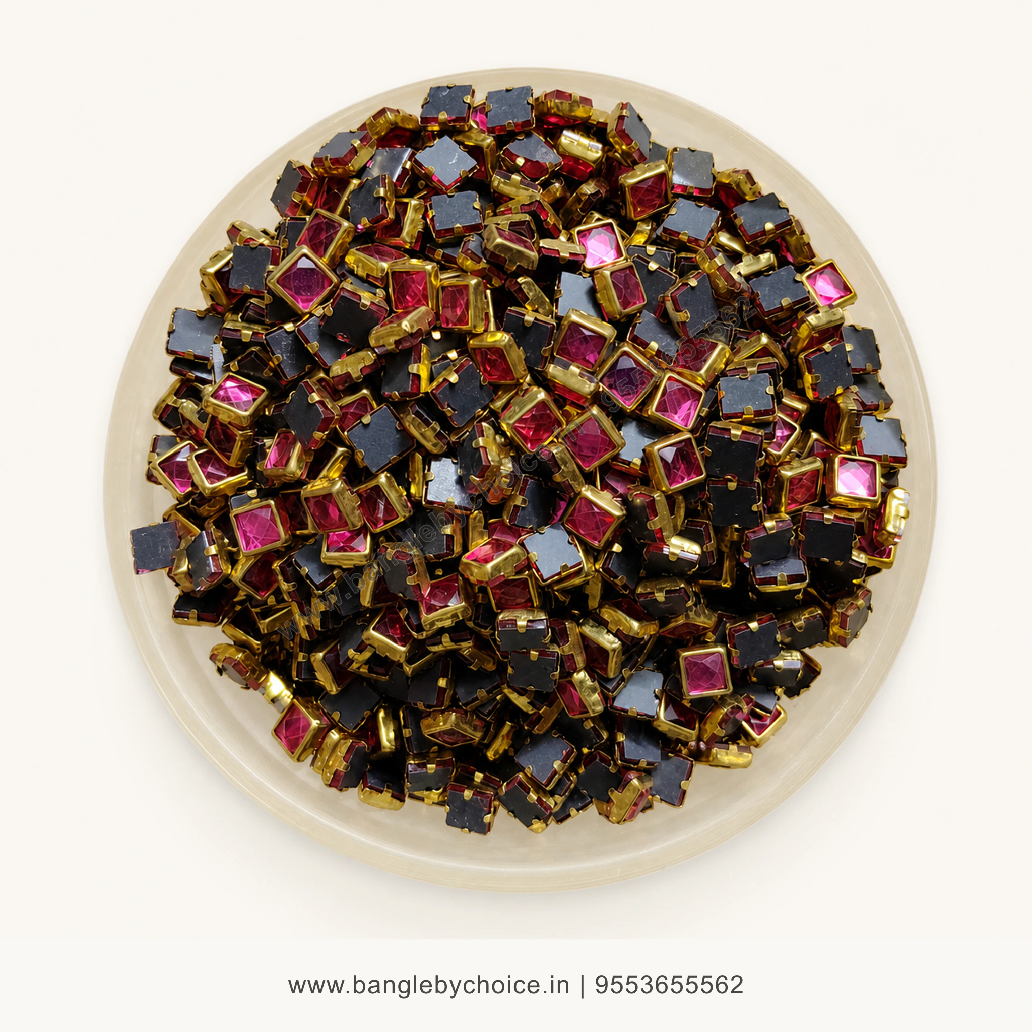 4x4 Square Rose Pink Glossy Kundans premium top-view product image with antique-gold setting