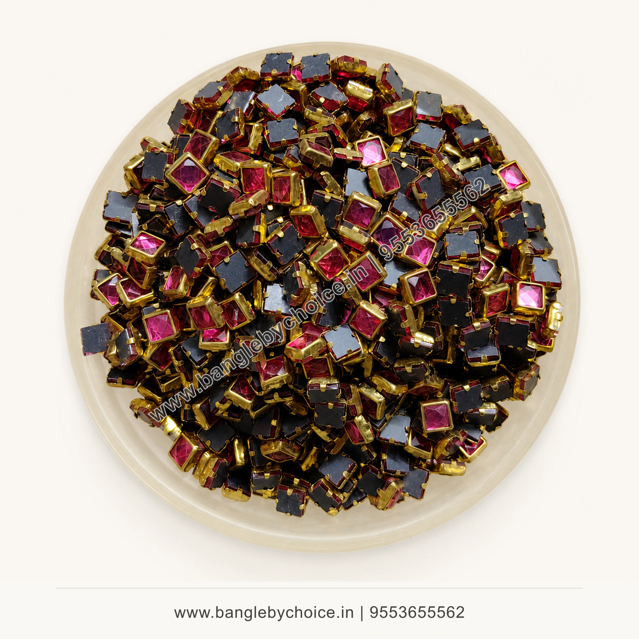 4x4 Square Rose Pink Glossy Kundans premium top-view product image with antique-gold setting