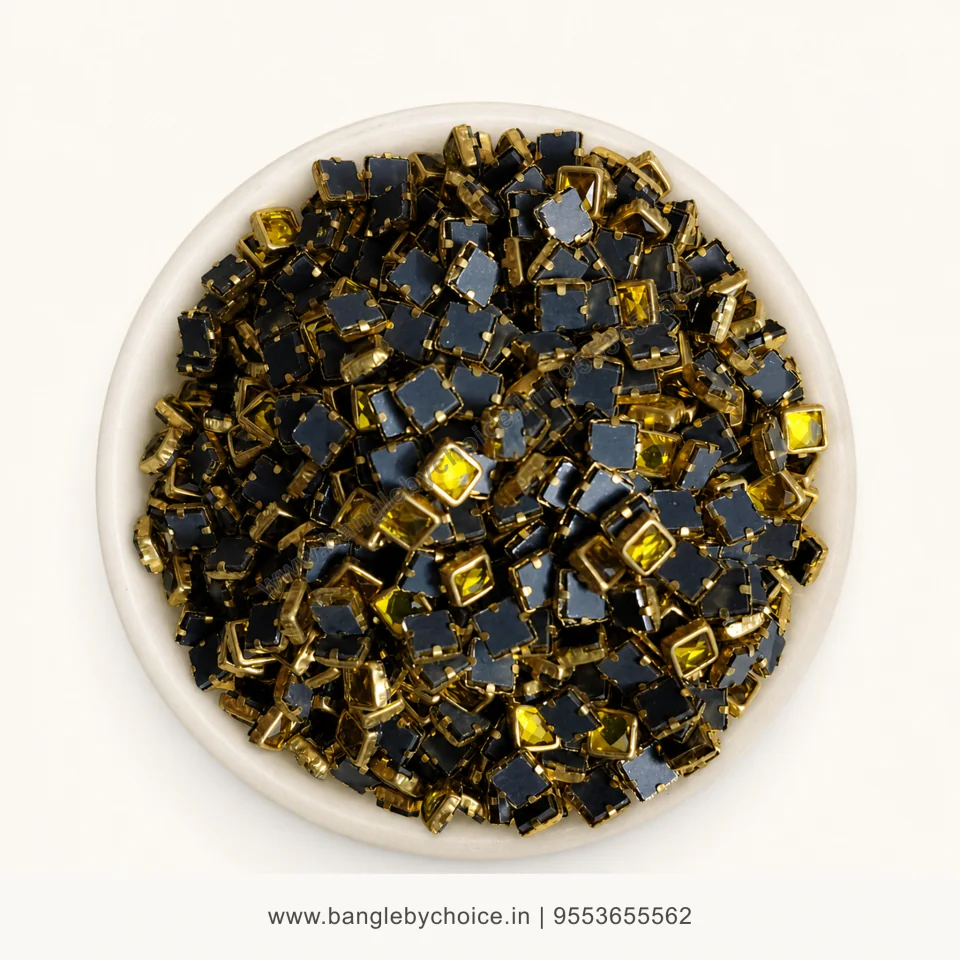 4x4 Square Yellow Glossy Kundans premium top-view product image with antique-gold setting