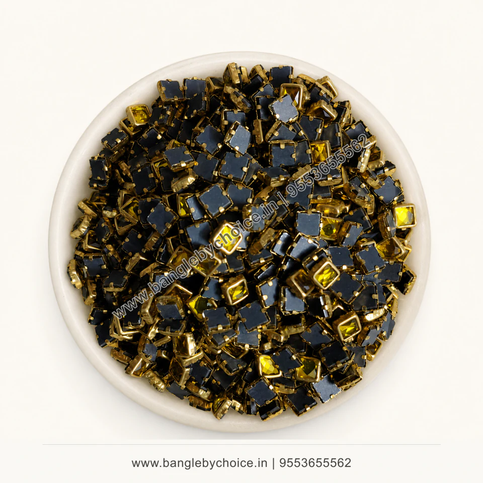 4x4 Square Yellow Glossy Kundans premium top-view product image with antique-gold setting