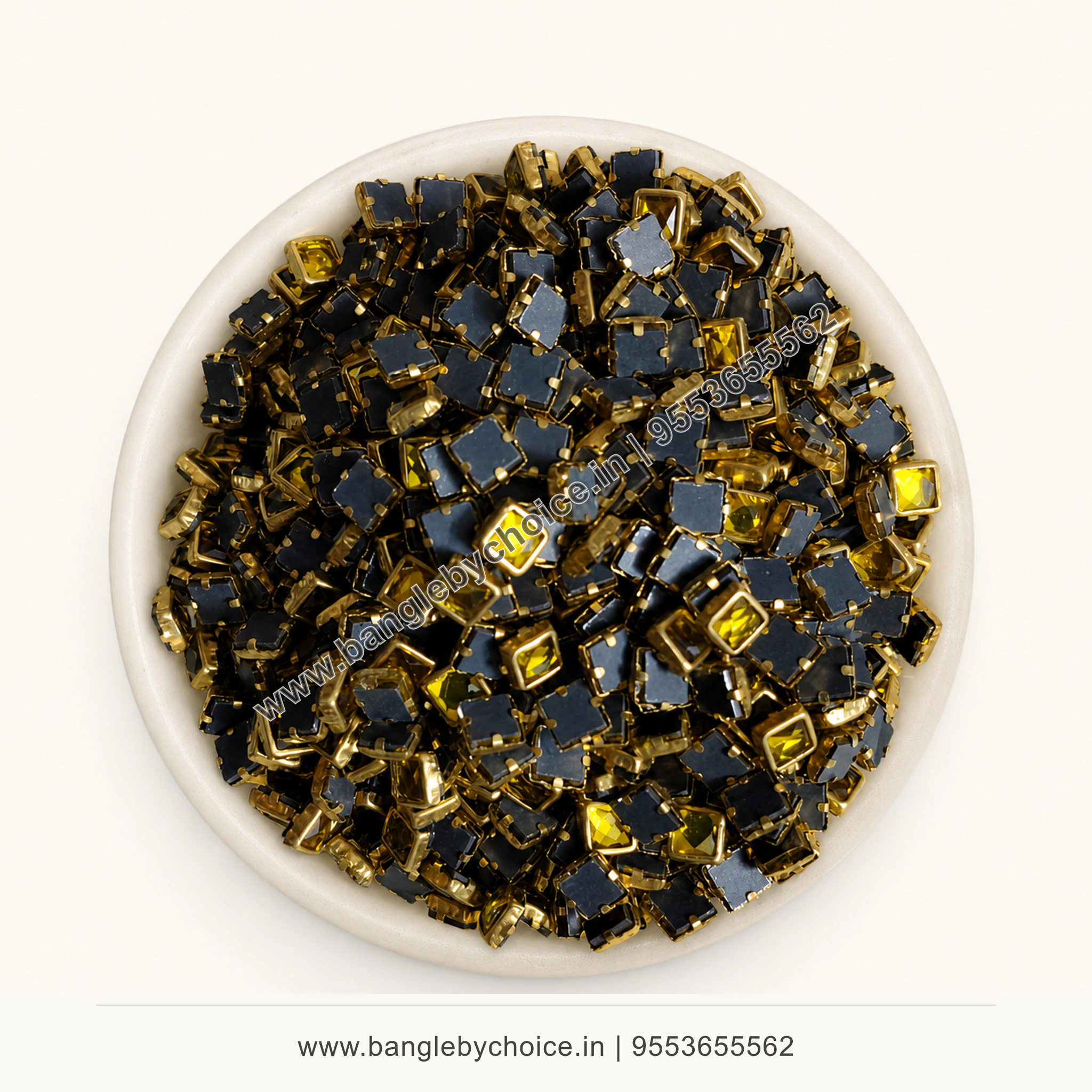 4x4 Square Yellow Glossy Kundans premium top-view product image with antique-gold setting