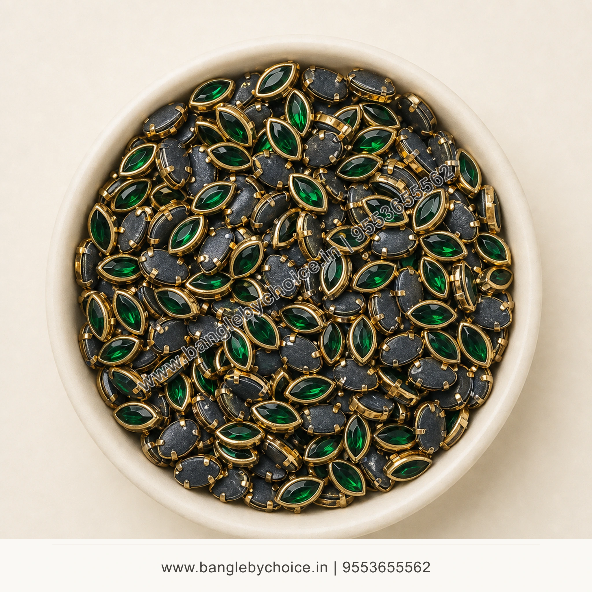 6K Eye Shape Dark Green Glossy Kundans premium top-view image with antique-gold setting