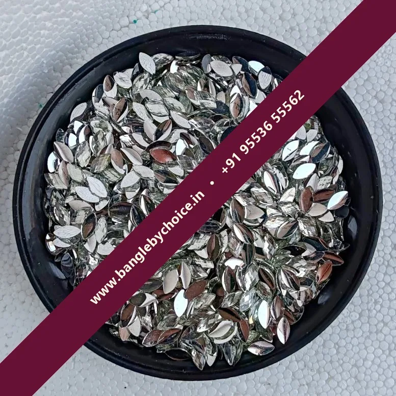 8×4 Size Eye Shape Silver Raindrop Kundans for bangle making, jewellery making, blouse work and DIY craft projects