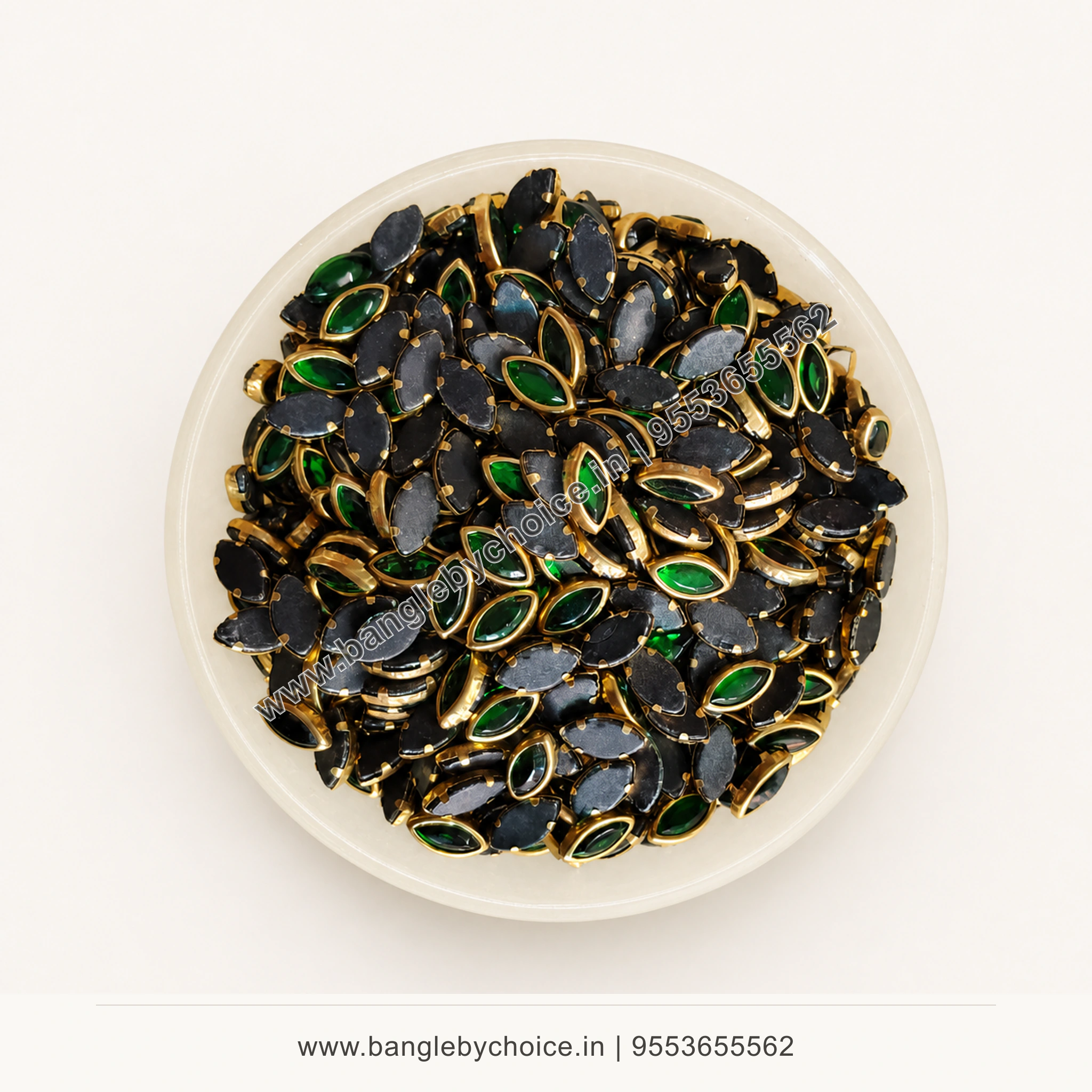 8K Eye Shape dark Green Glossy Kundans top-view product image with antique-gold setting