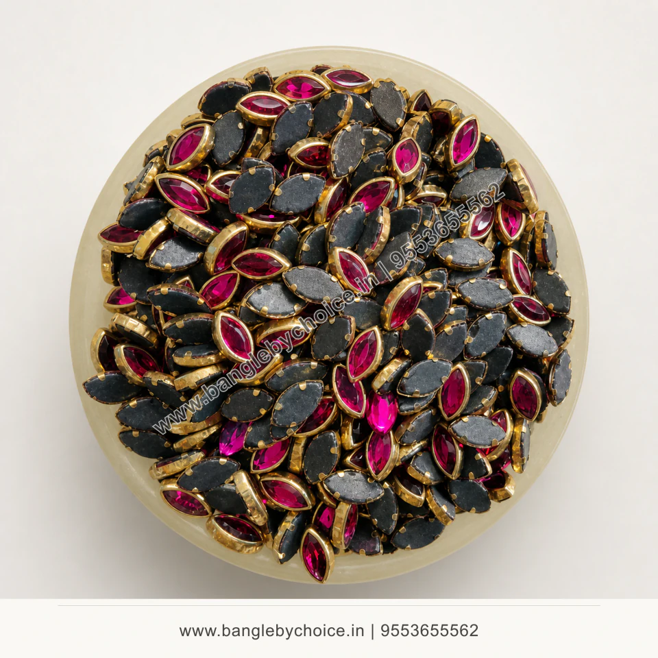 8K Eye Shape Dark Pink Glossy Kundans top-view product image with antique-gold setting