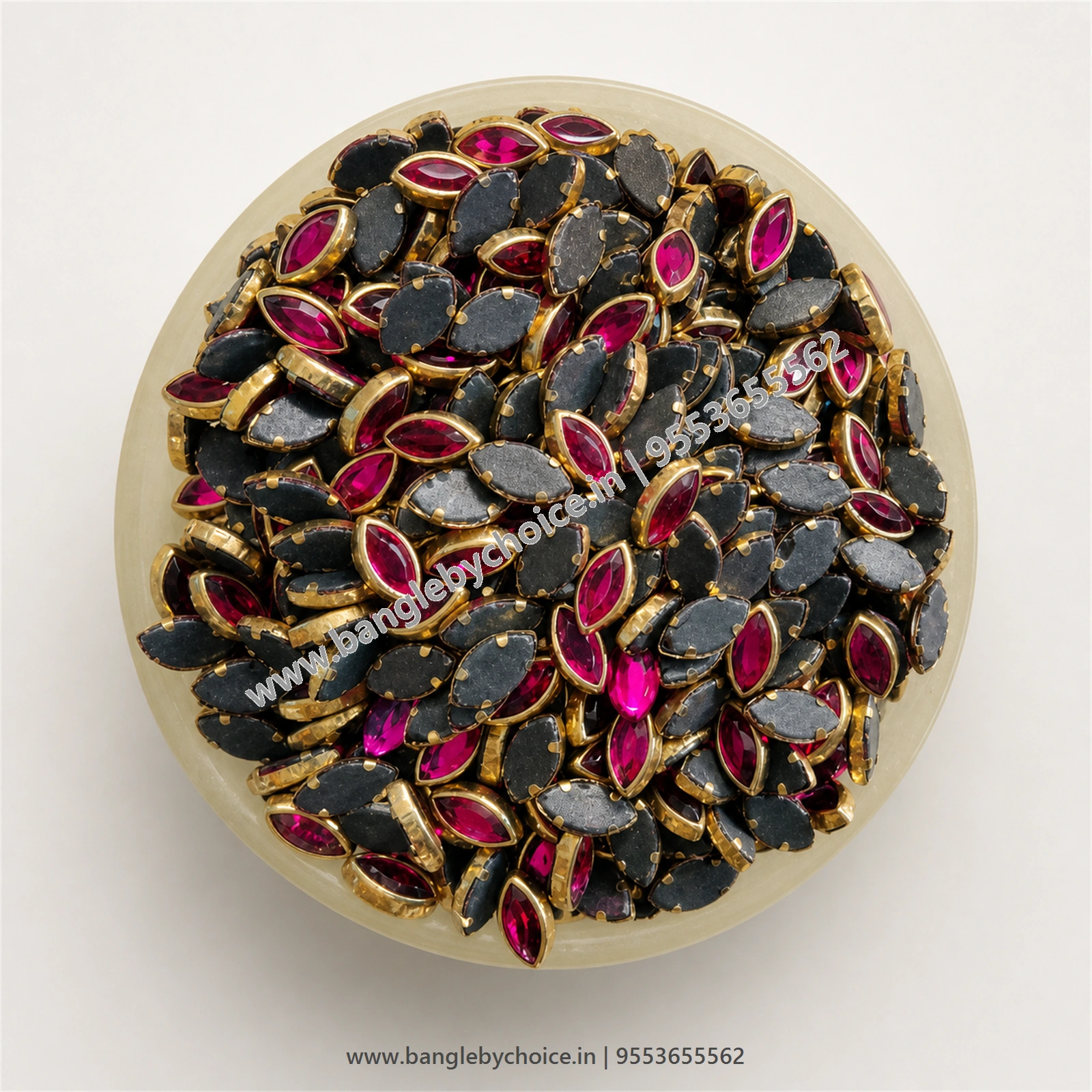 8K Eye Shape Dark Pink Glossy Kundans top-view product image with antique-gold setting