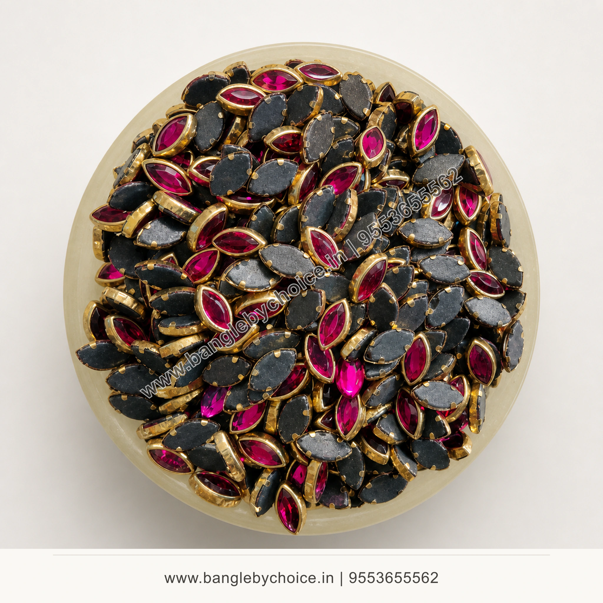 8K Eye Shape Dark Pink Glossy Kundans top-view product image with antique-gold setting