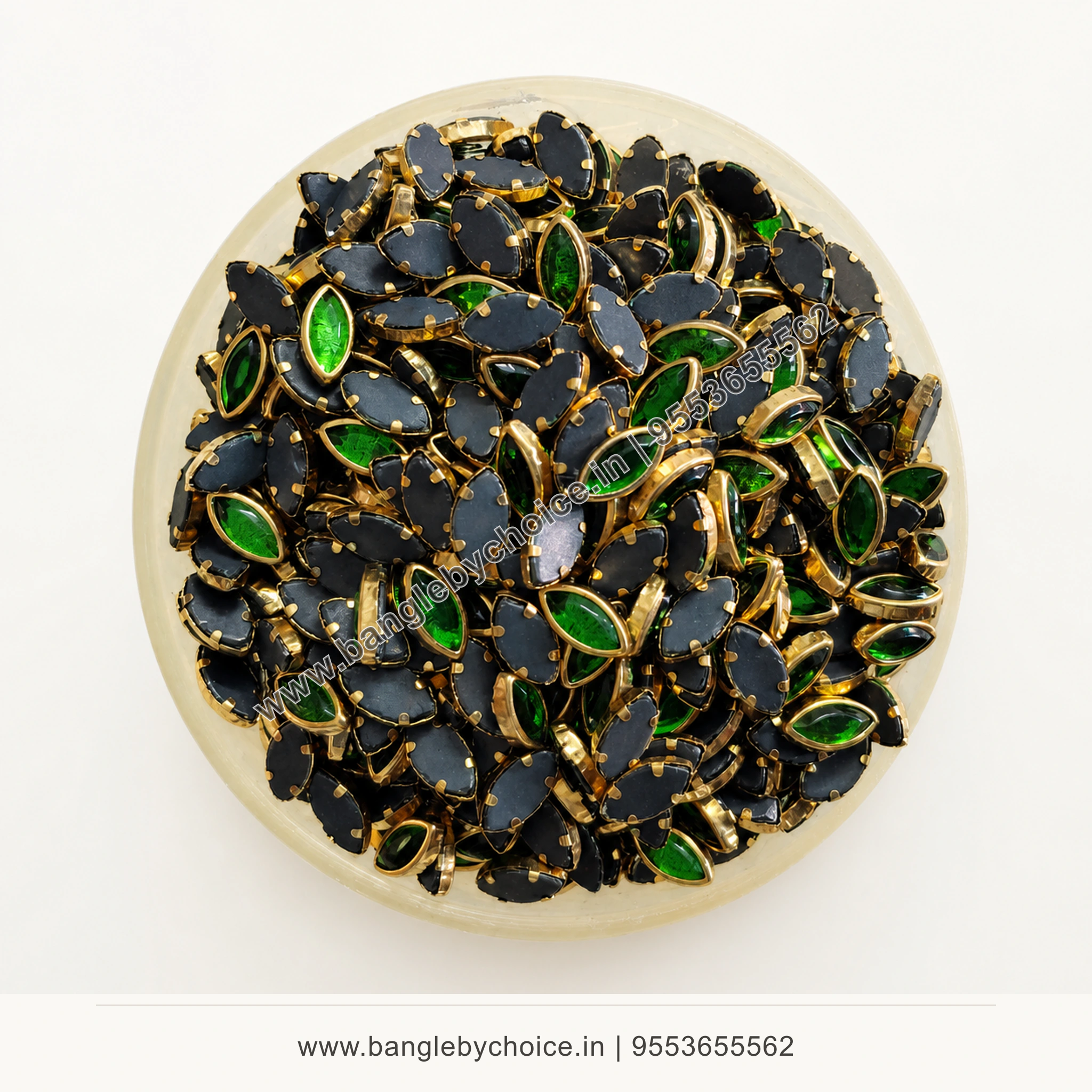 8K Eye Shape Light Green Glossy Kundans top-view product image with antique-gold setting