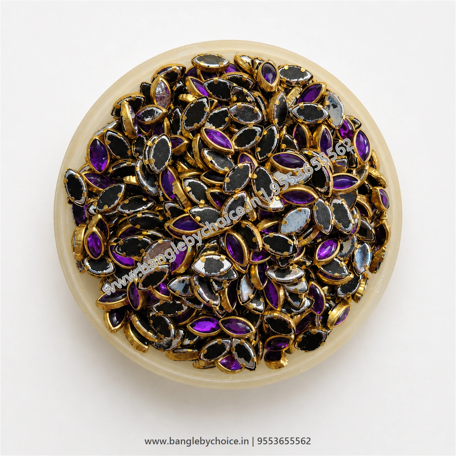 8K Eye Shape Light Purple Glossy Kundans top-view product image with antique-gold setting