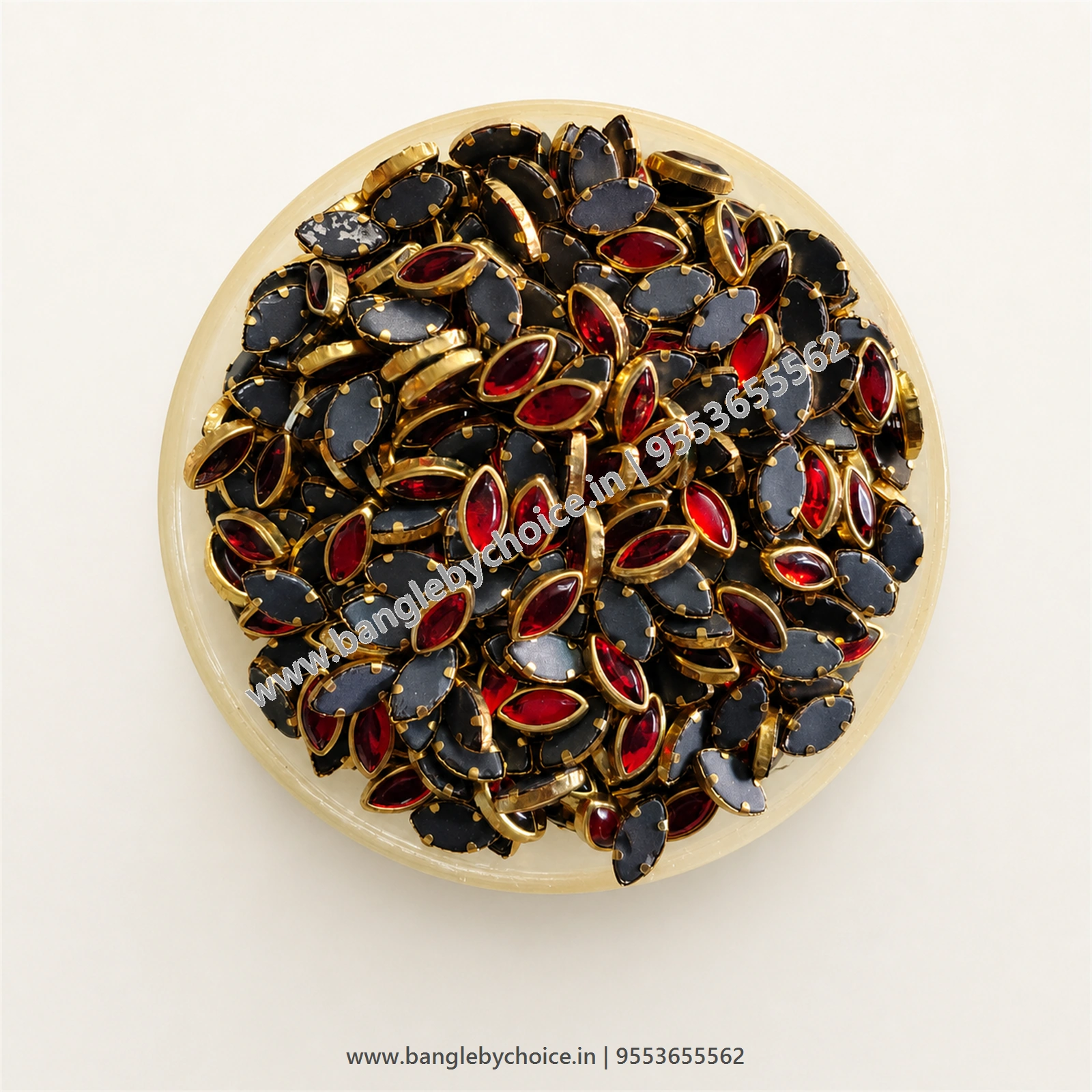 8K Eye Shape Red Glossy Kundans top-view product image with antique-gold setting