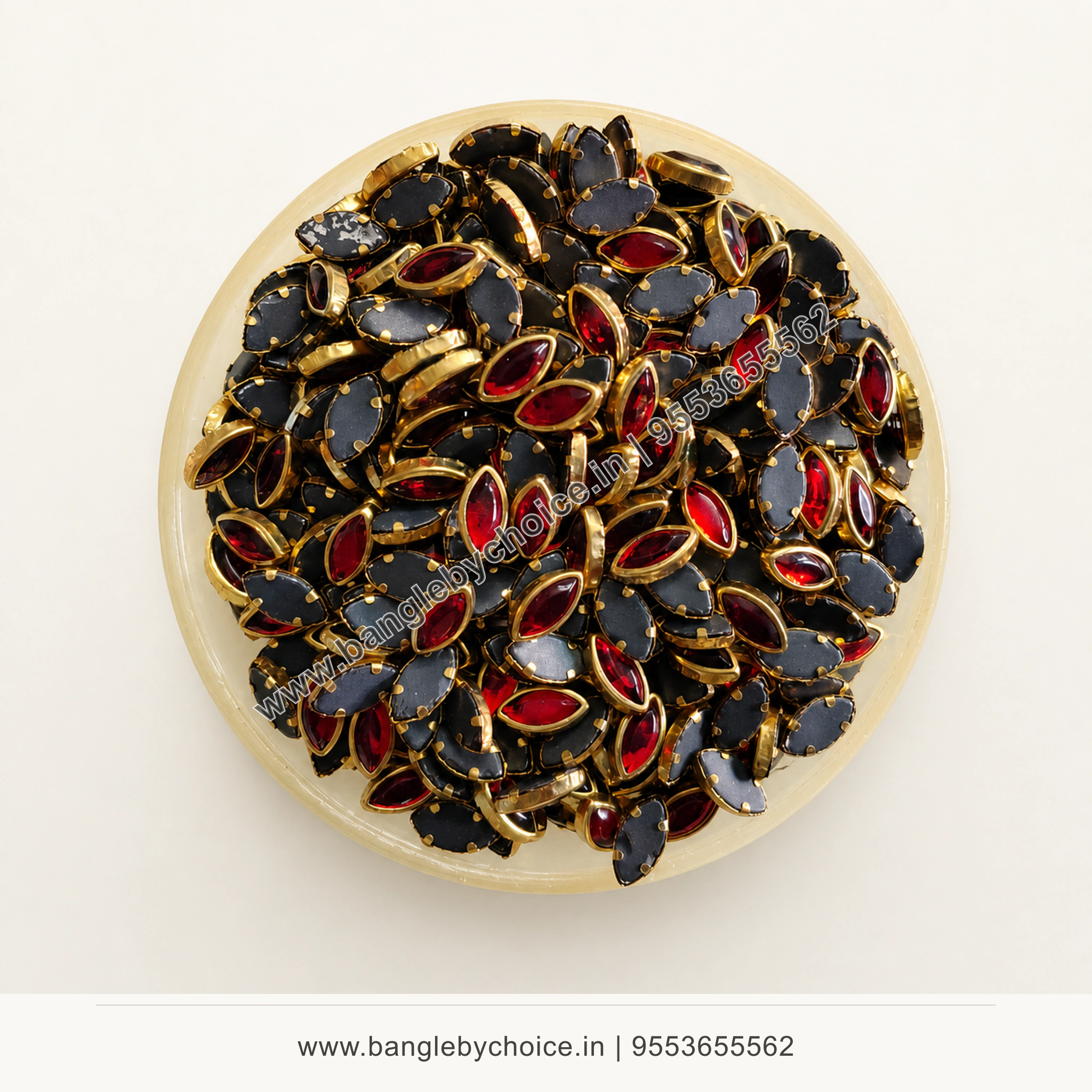 8K Eye Shape Red Glossy Kundans top-view product image with antique-gold setting