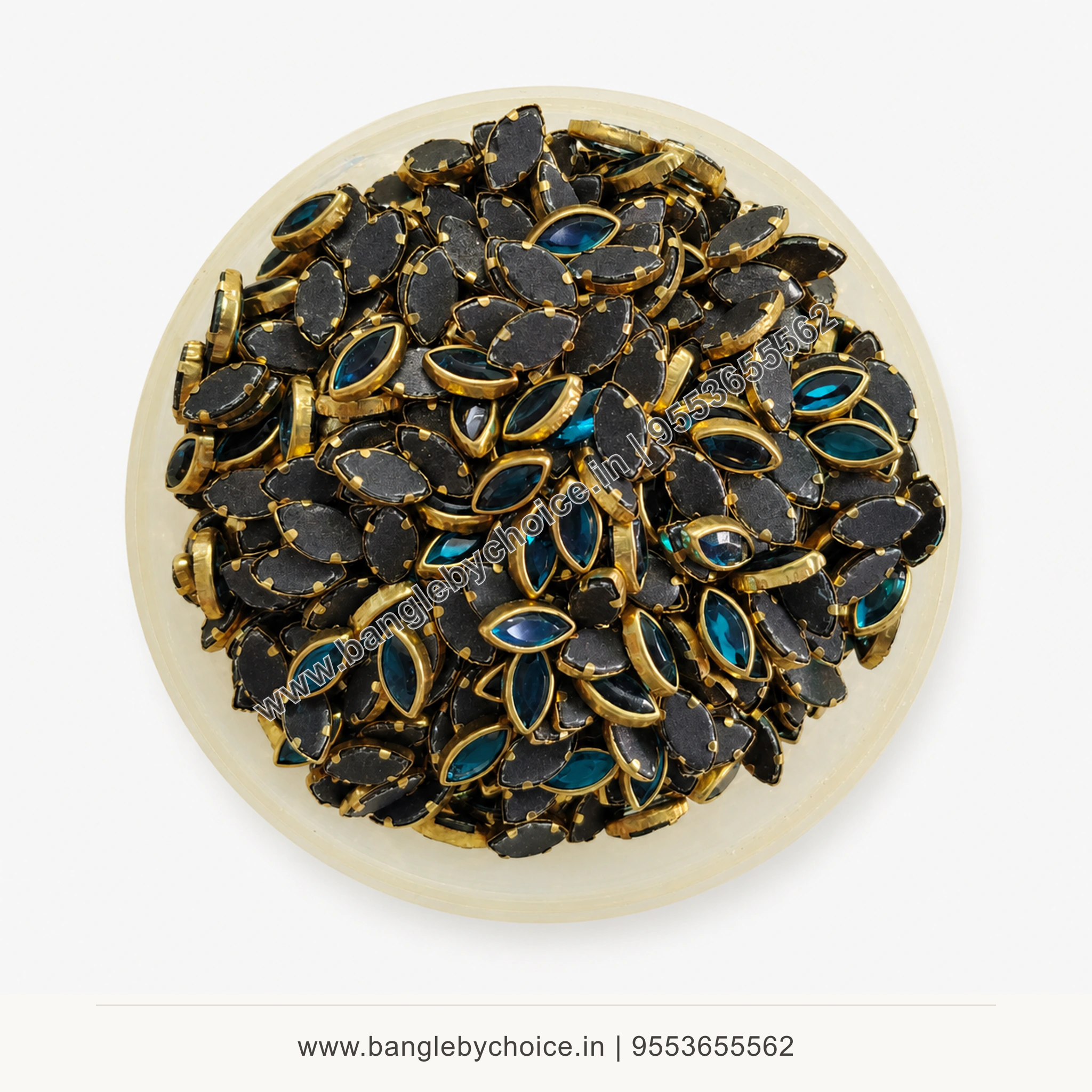 8K Eye Shape Sky Blue Glossy Kundans top-view product image with antique-gold setting