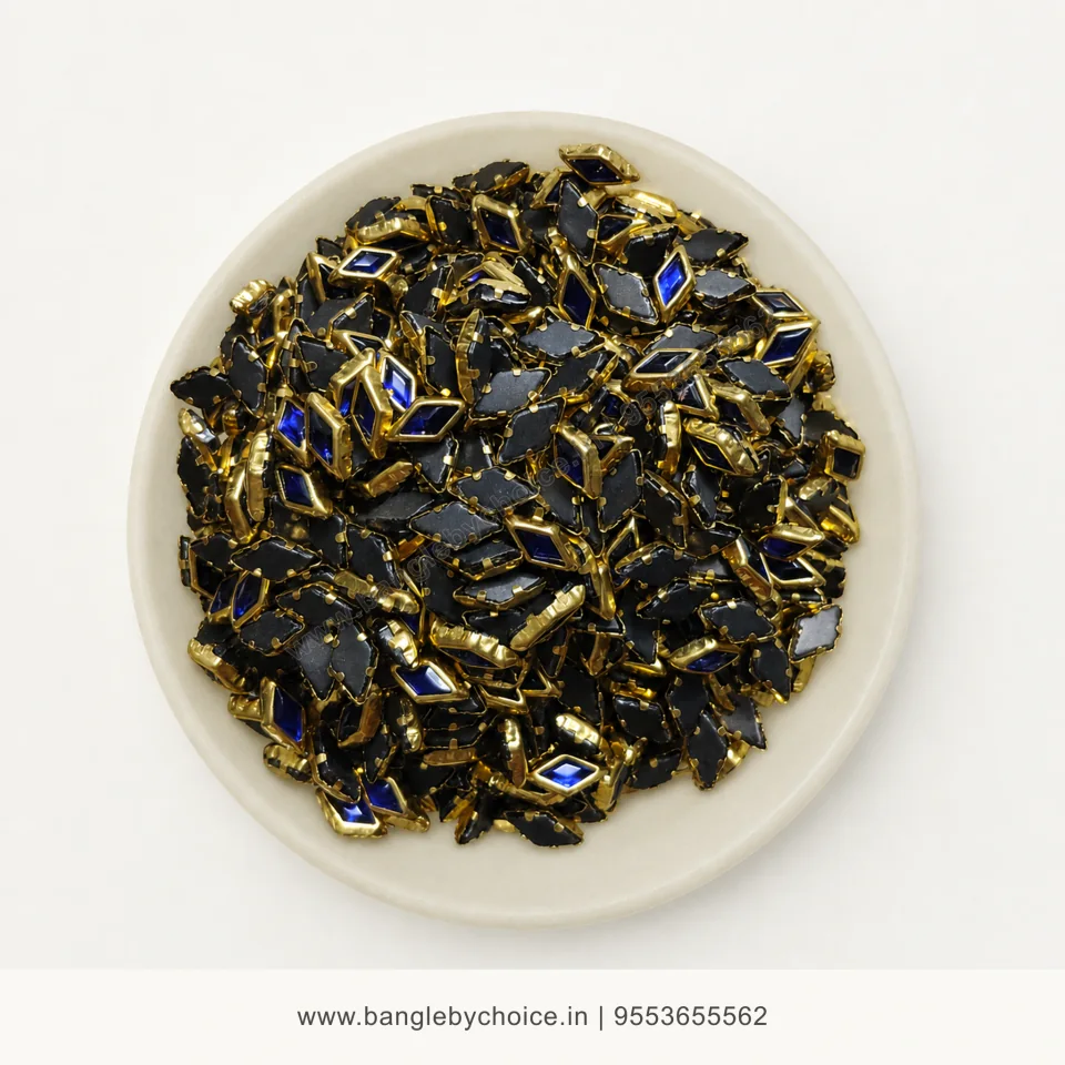 Diamond Dark Blue Glossy Kundans premium top-view product image with antique-gold setting