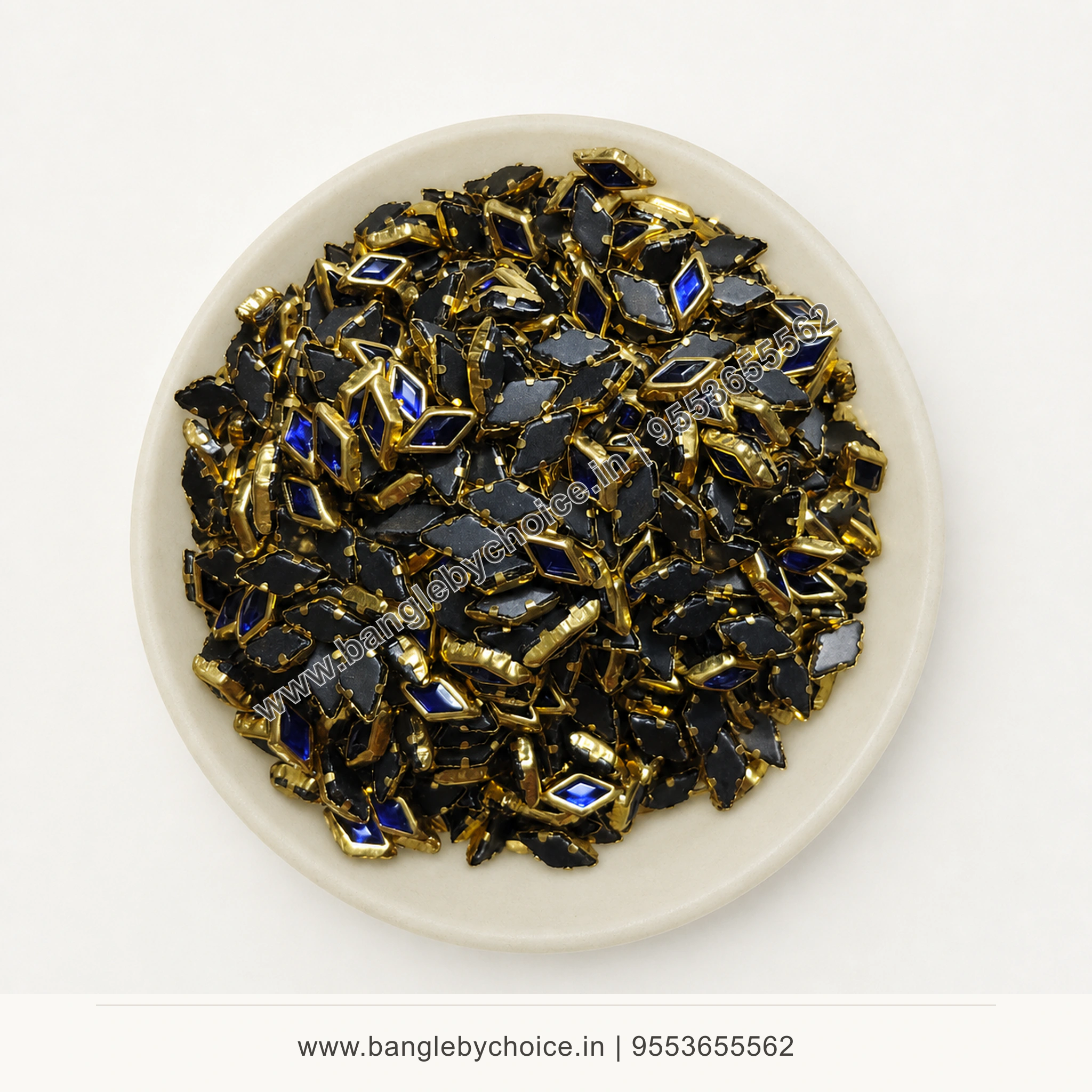 Diamond Dark Blue Glossy Kundans premium top-view product image with antique-gold setting