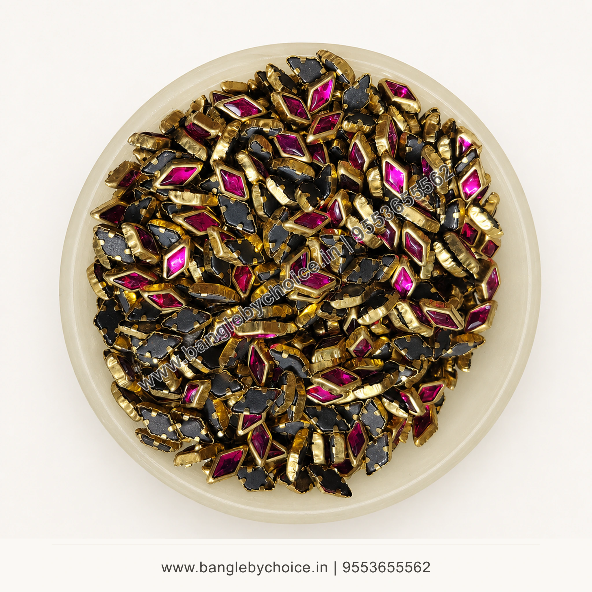 Diamond Rose Pink Glossy Kundans premium top-view product image with antique-gold setting