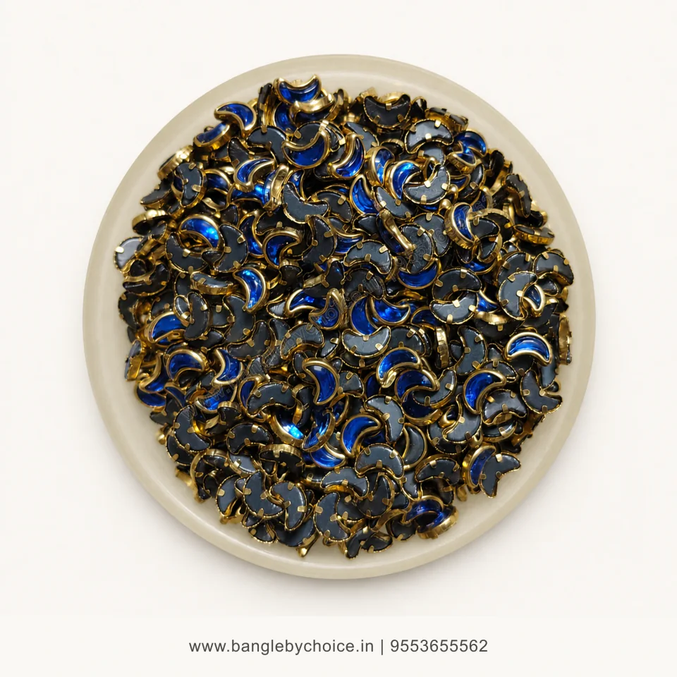 Half Moon Dark Blue Glass Kundans premium top-view product image with antique-gold setting