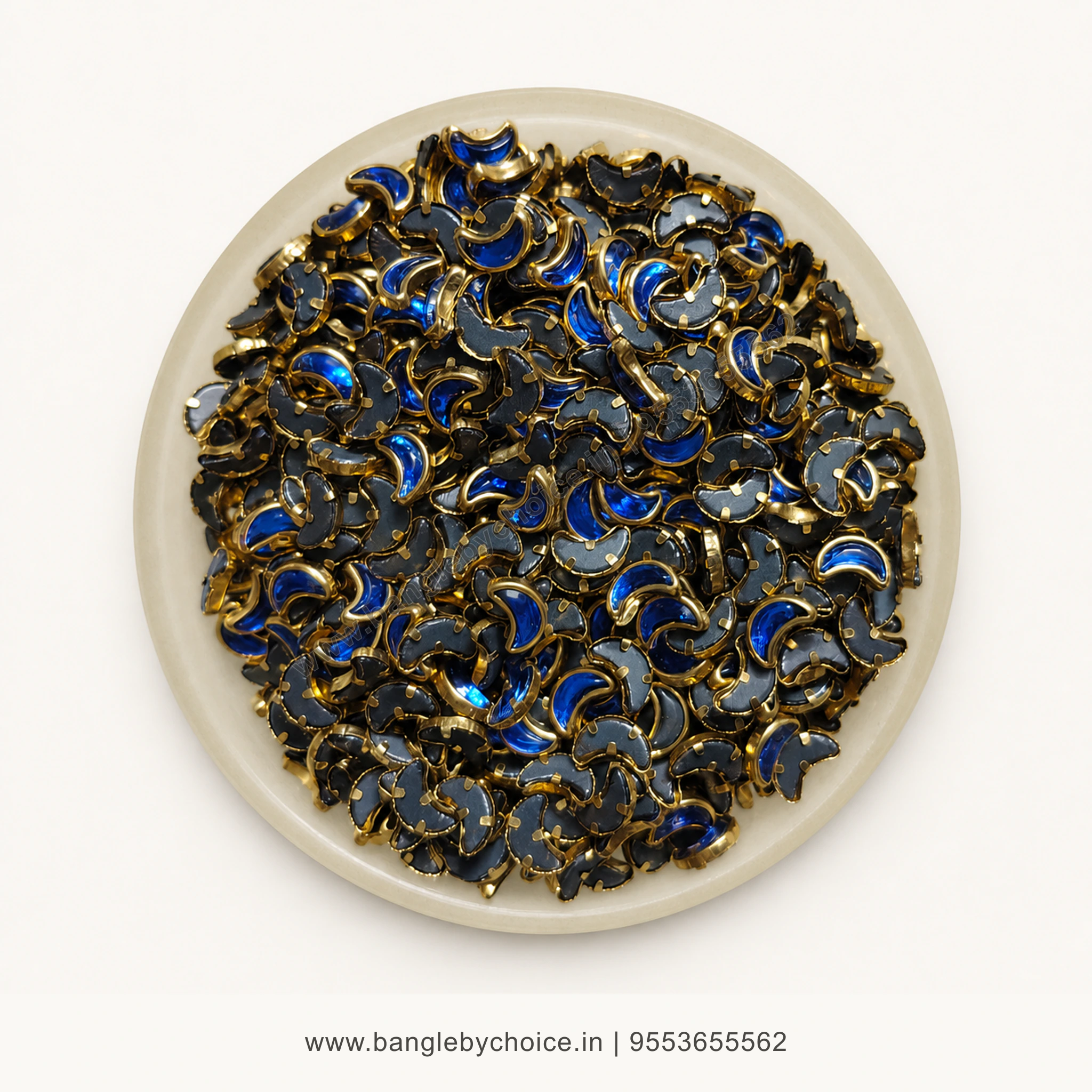 Half Moon Dark Blue Glass Kundans premium top-view product image with antique-gold setting