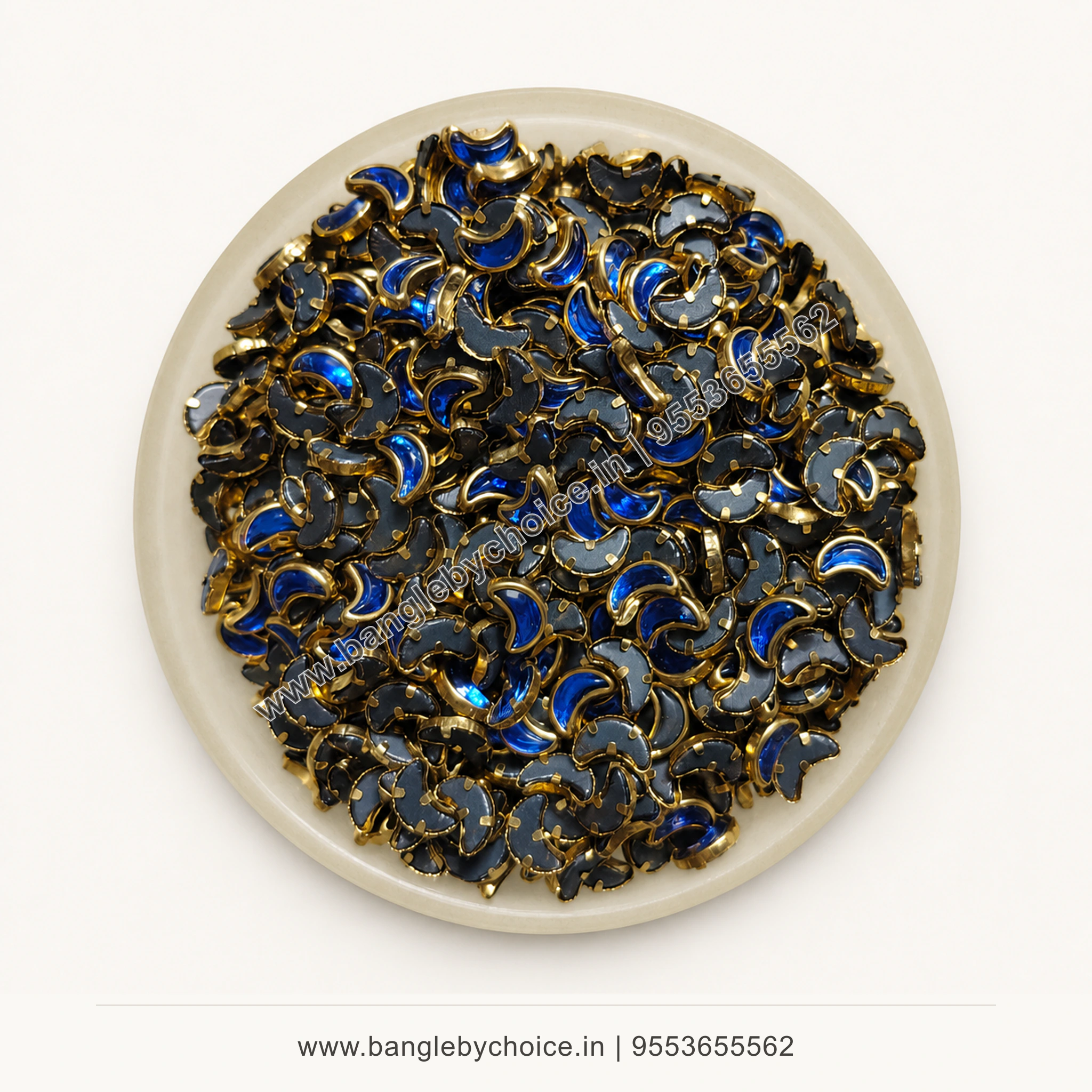 Half Moon Dark Blue Glass Kundans premium top-view product image with antique-gold setting