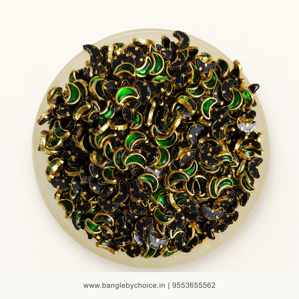 Half Moon Dark Green Glass Kundans premium top-view product image with antique-gold setting