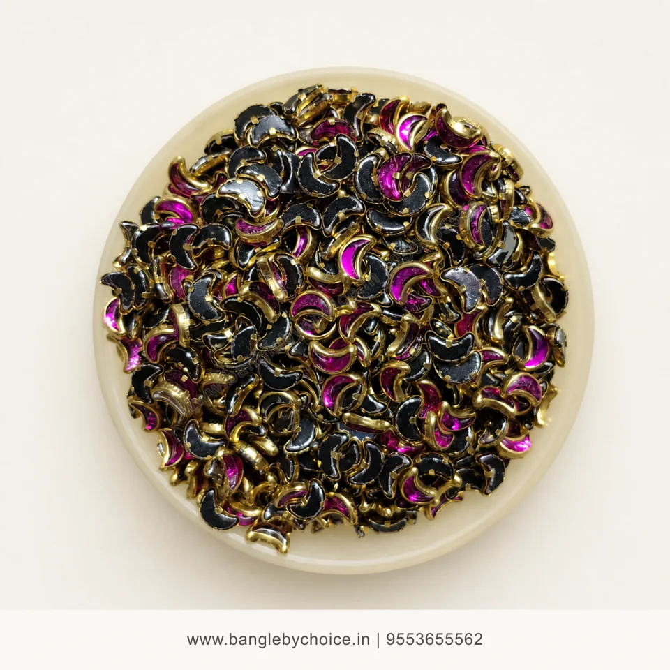 Half Moon Dark Pink Glass Kundans premium top-view product image with antique-gold setting
