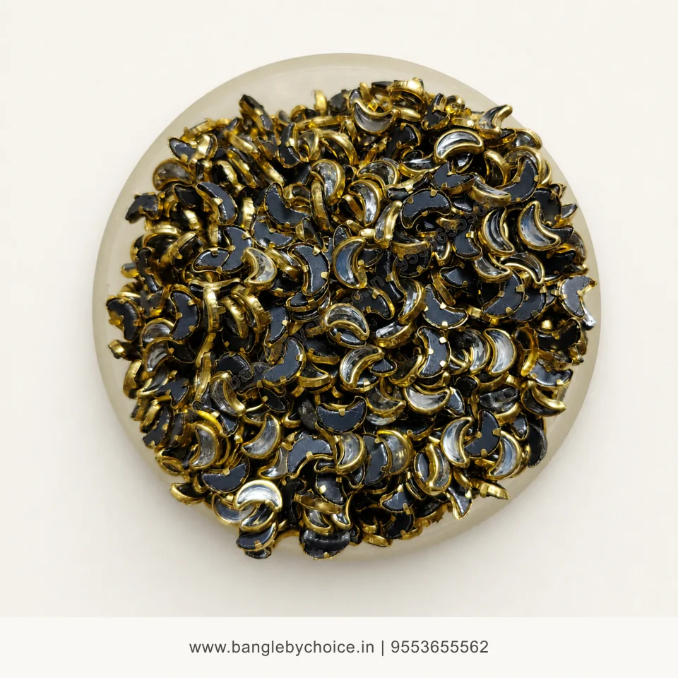 Half Moon Glossy White Kundans premium top-view product image with antique-gold setting